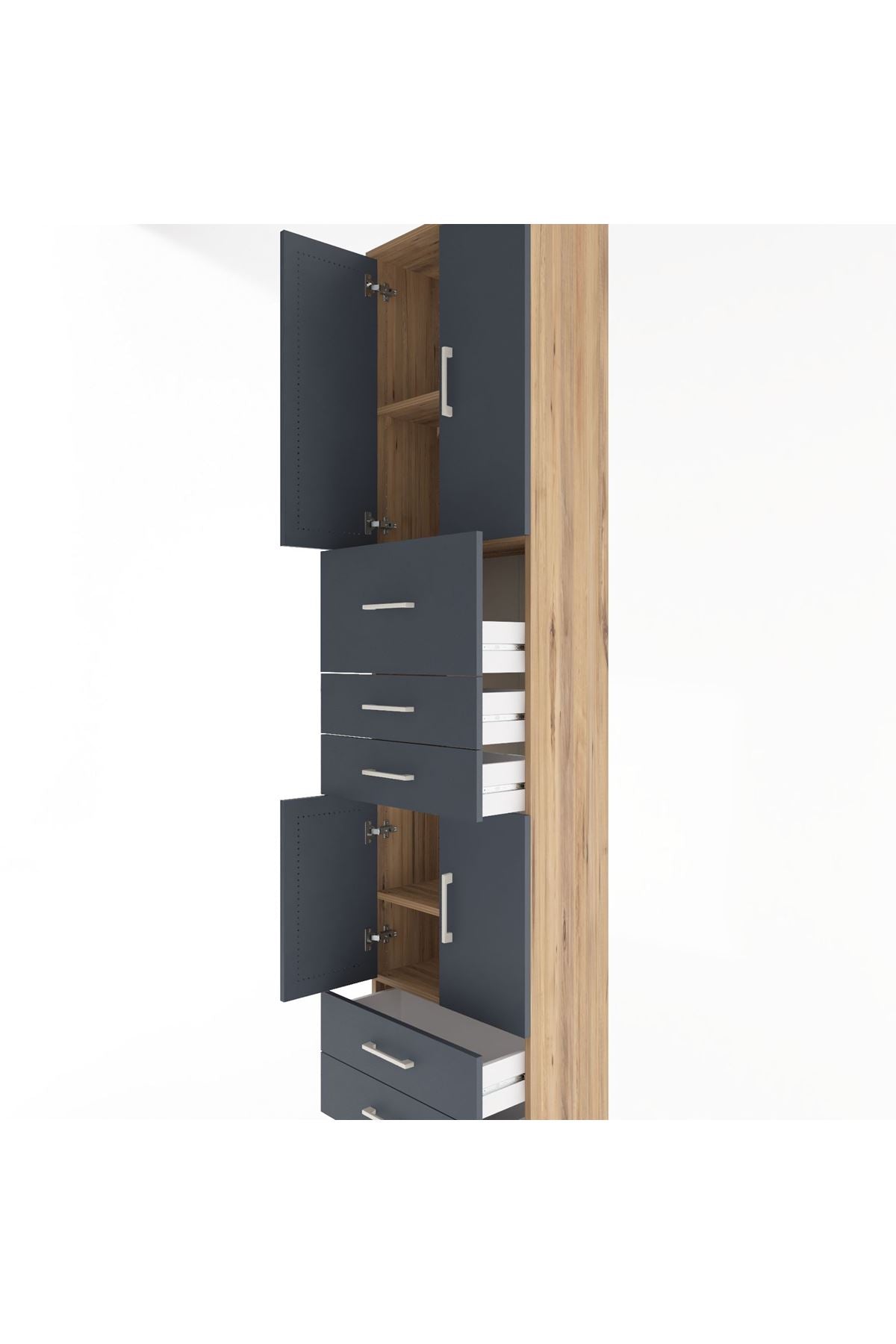 Arges Dolap 4 Raflı 5 Çekmeceli 4 Kapaklı 60x30x243 Çam-Antrasit