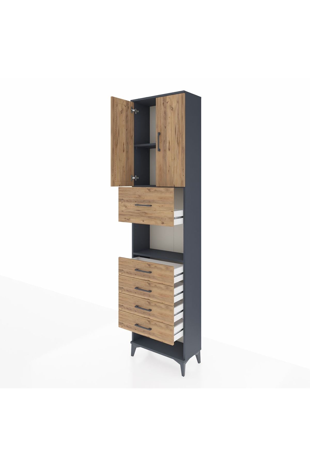 Arges Dolap 3 Raflı 5 Çekmeceli 2 Kapaklı 60x30x243 Antrasit-Çam