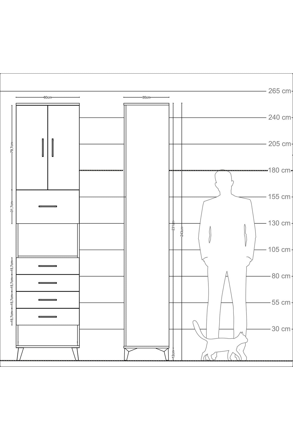 Arges Dolap 3 Raflı 5 Çekmeceli 2 Kapaklı 60x30x243 Çam-Aytaşı
