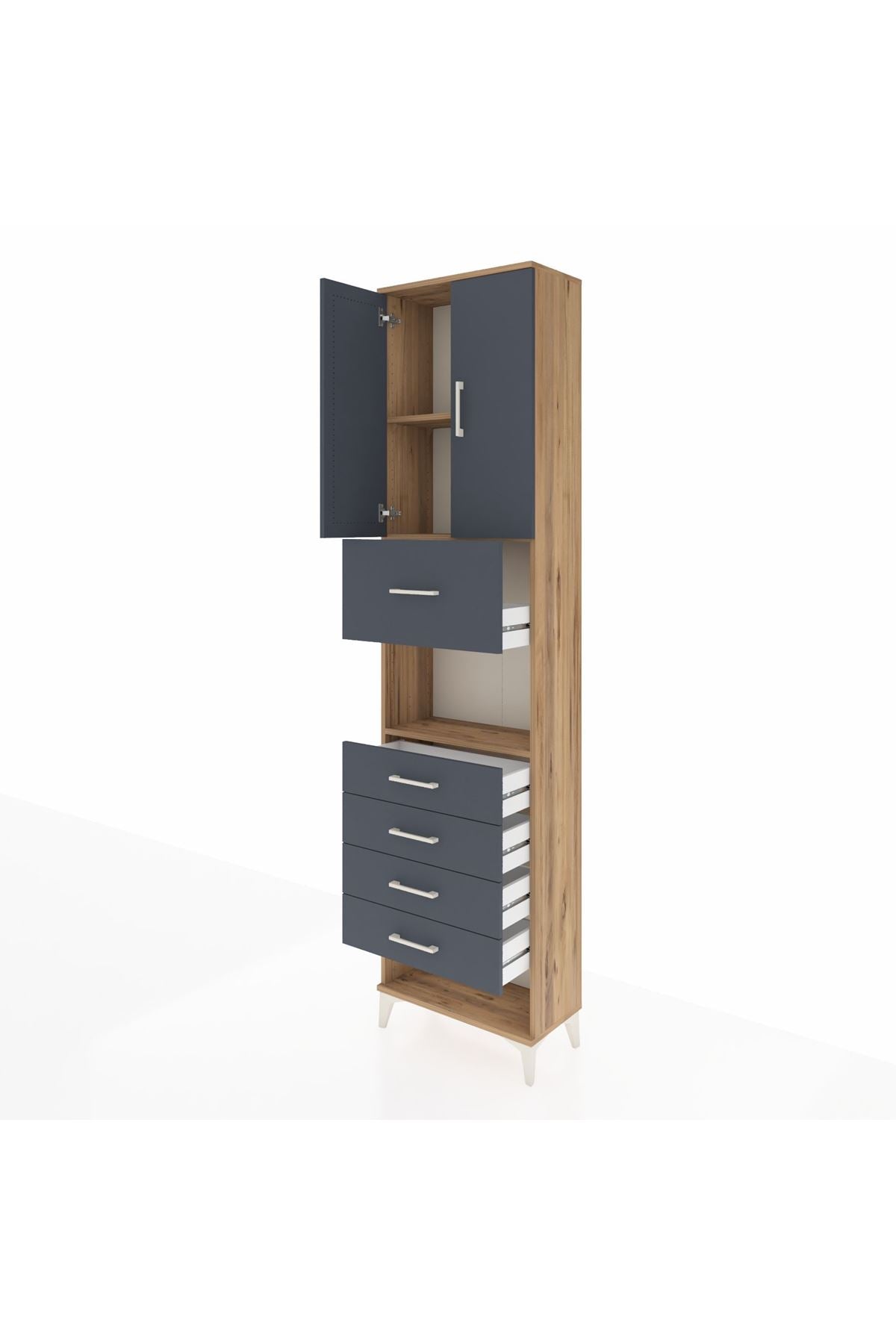 Arges Dolap 3 Raflı 5 Çekmeceli 2 Kapaklı 60x30x243 Çam-Antrasit