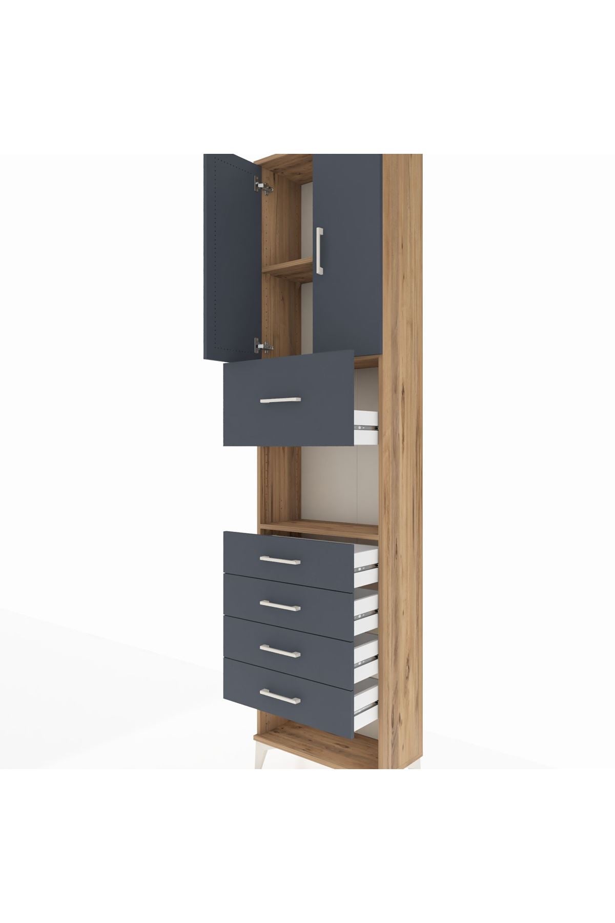 Arges Dolap 3 Raflı 5 Çekmeceli 2 Kapaklı 60x30x243 Çam-Antrasit