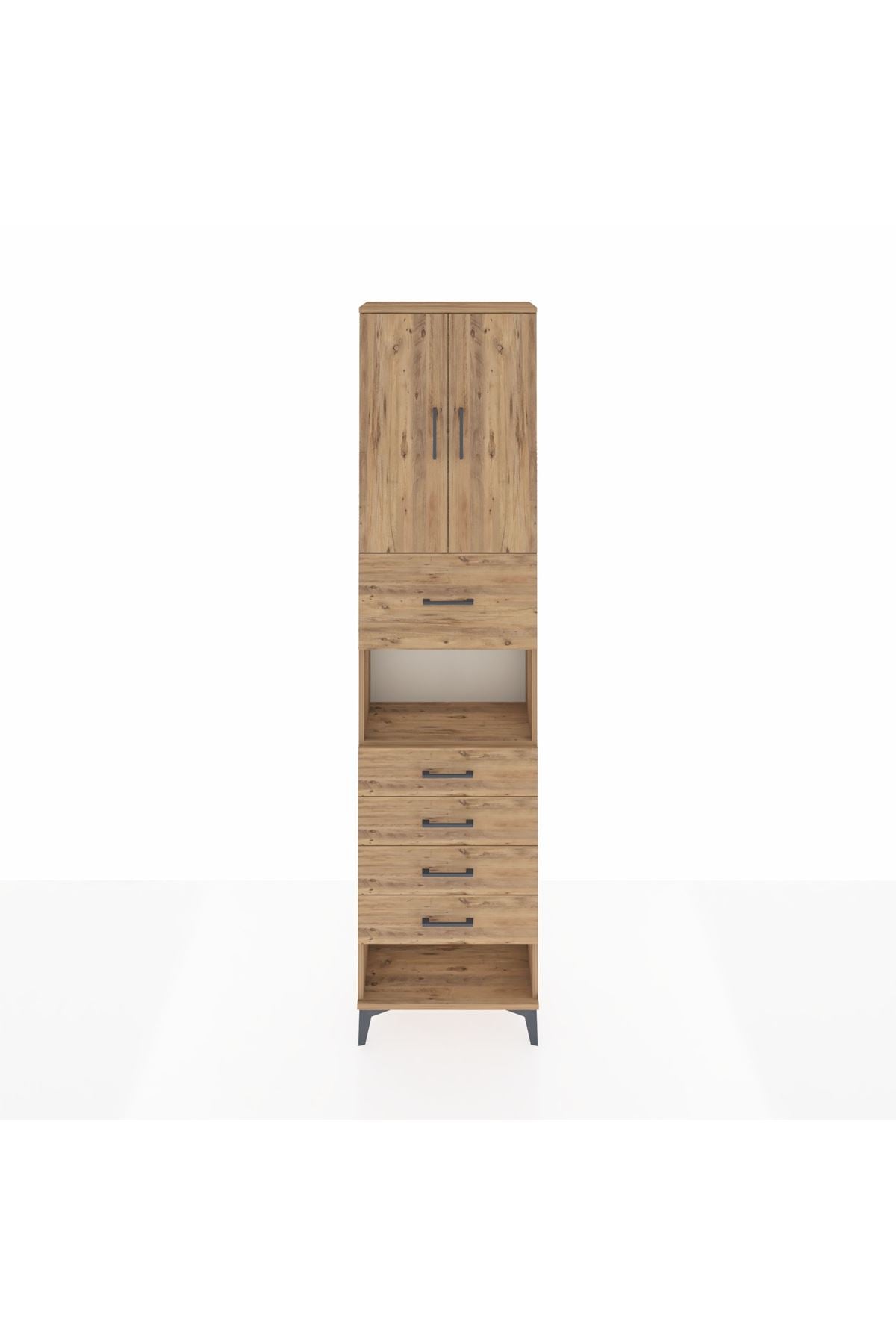 Arges Dolap 3 Raflı 5 Çekmeceli 2 Kapaklı 60x30x243 Çam-Çam