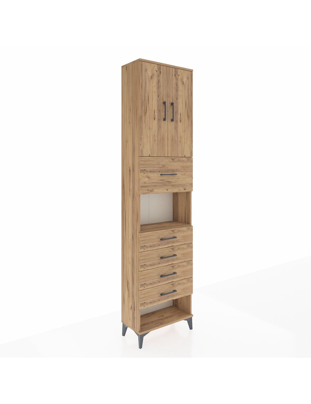 Arges Dolap 3 Raflı 5 Çekmeceli 2 Kapaklı 60x30x243 Çam-Çam