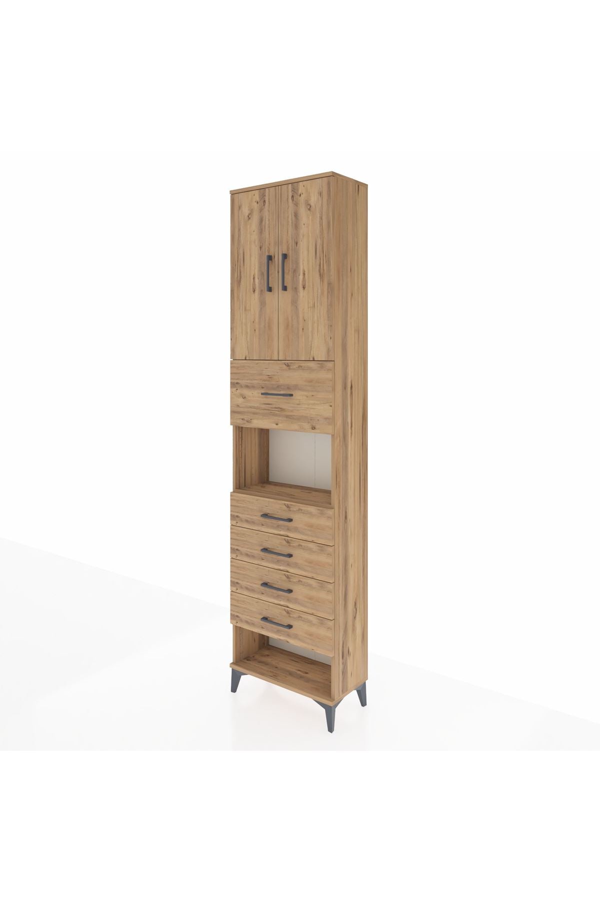 Arges Dolap 3 Raflı 5 Çekmeceli 2 Kapaklı 60x30x243 Çam-Çam