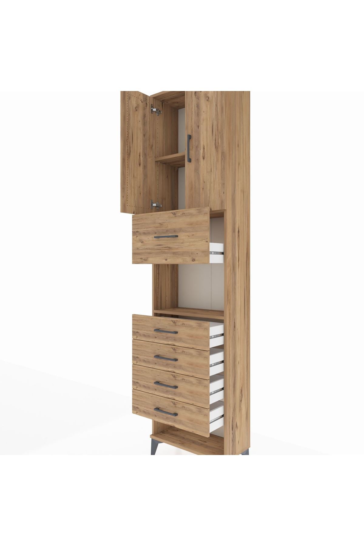 Arges Dolap 3 Raflı 5 Çekmeceli 2 Kapaklı 60x30x243 Çam-Çam