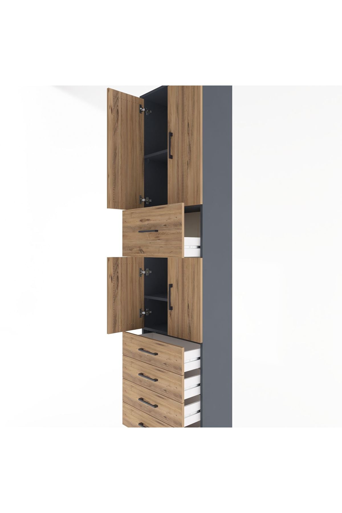 Arges Dolap 4 Raflı 5 Çekmeceli 4 Kapaklı 60x30x243 Antrasit-Çam