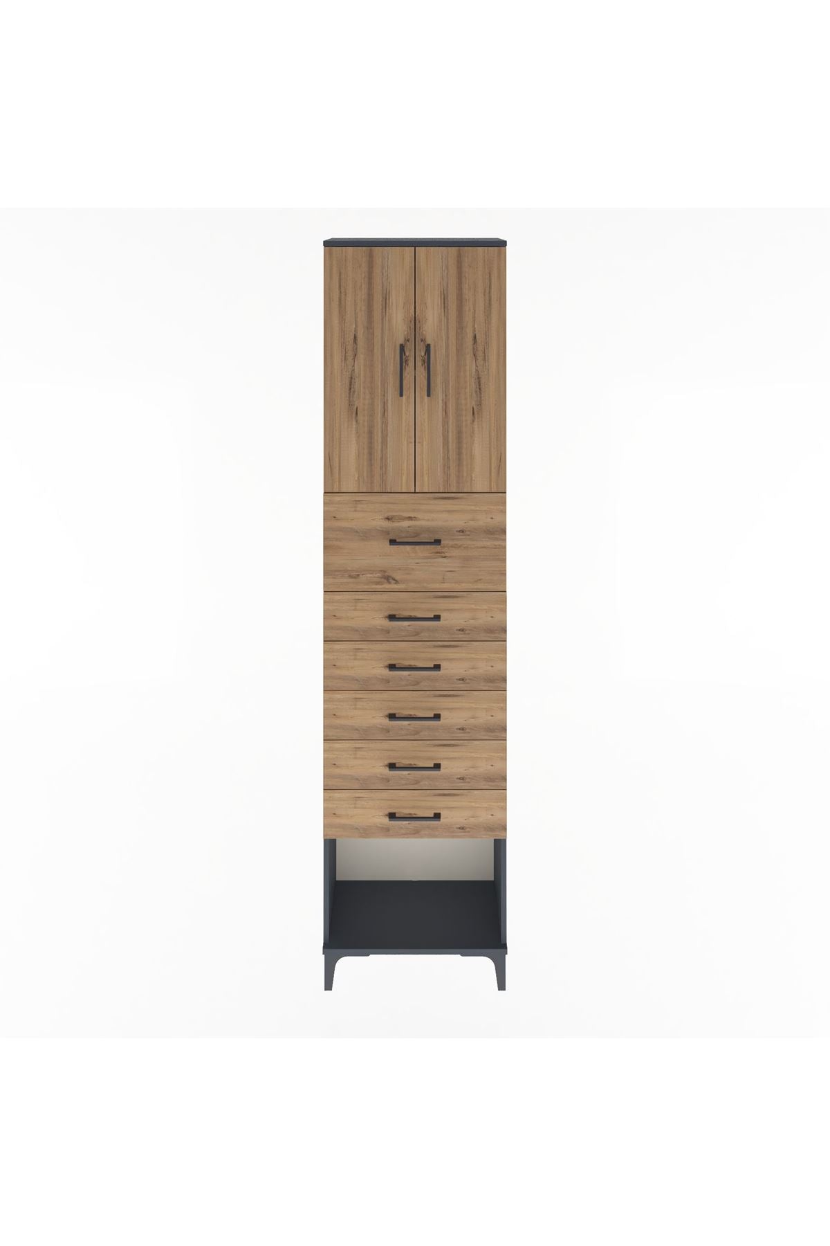 Arges Dolap 2 Raflı 6 Çekmeceli 2 Kapaklı 60x30x243 Antrasit-Çam