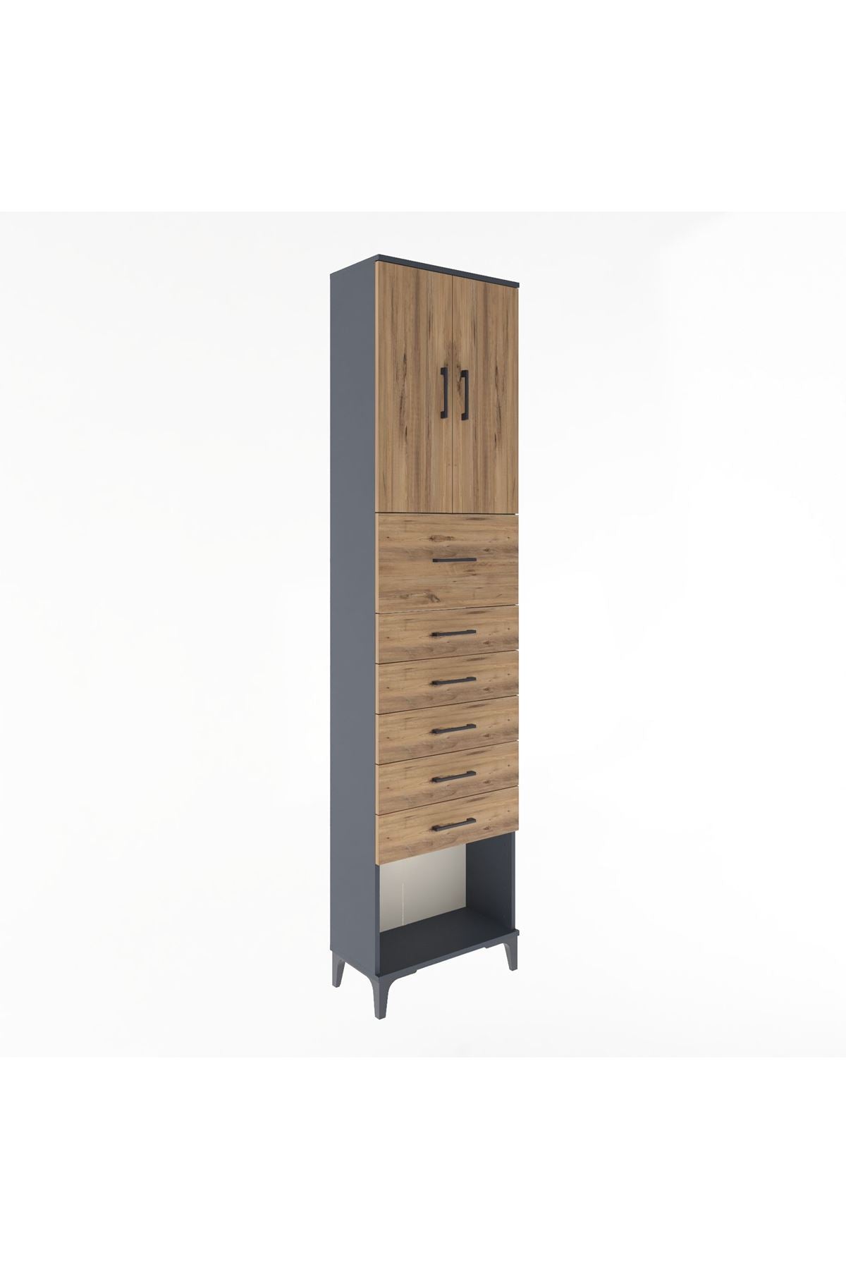 Arges Dolap 2 Raflı 6 Çekmeceli 2 Kapaklı 60x30x243 Antrasit-Çam