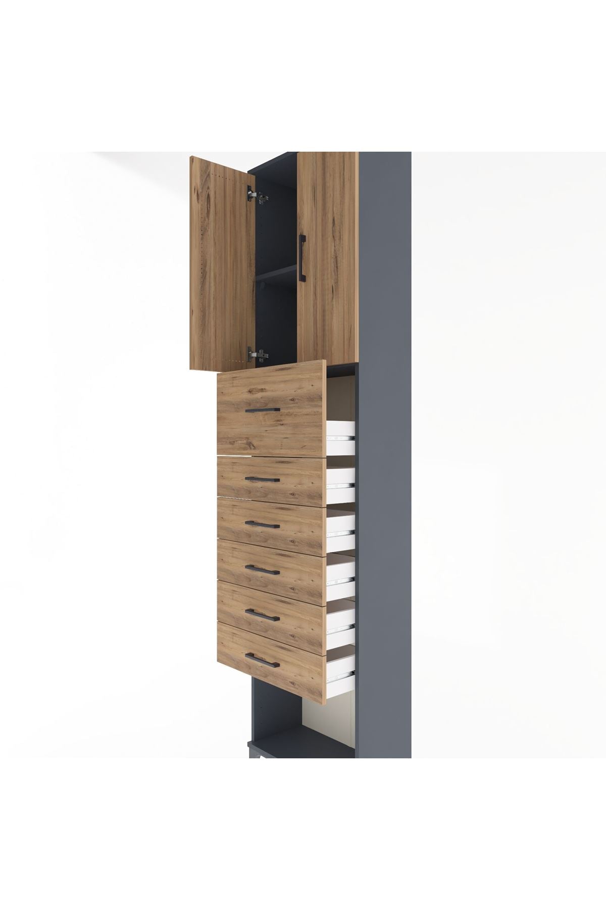 Arges Dolap 2 Raflı 6 Çekmeceli 2 Kapaklı 60x30x243 Antrasit-Çam