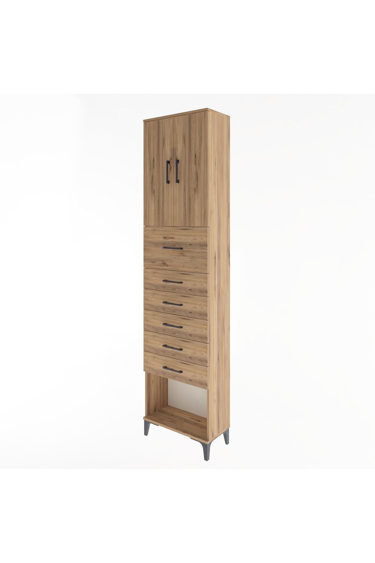 Arges Dolap 2 Raflı 6 Çekmeceli 2 Kapaklı 60x30x243 Çam-Çam