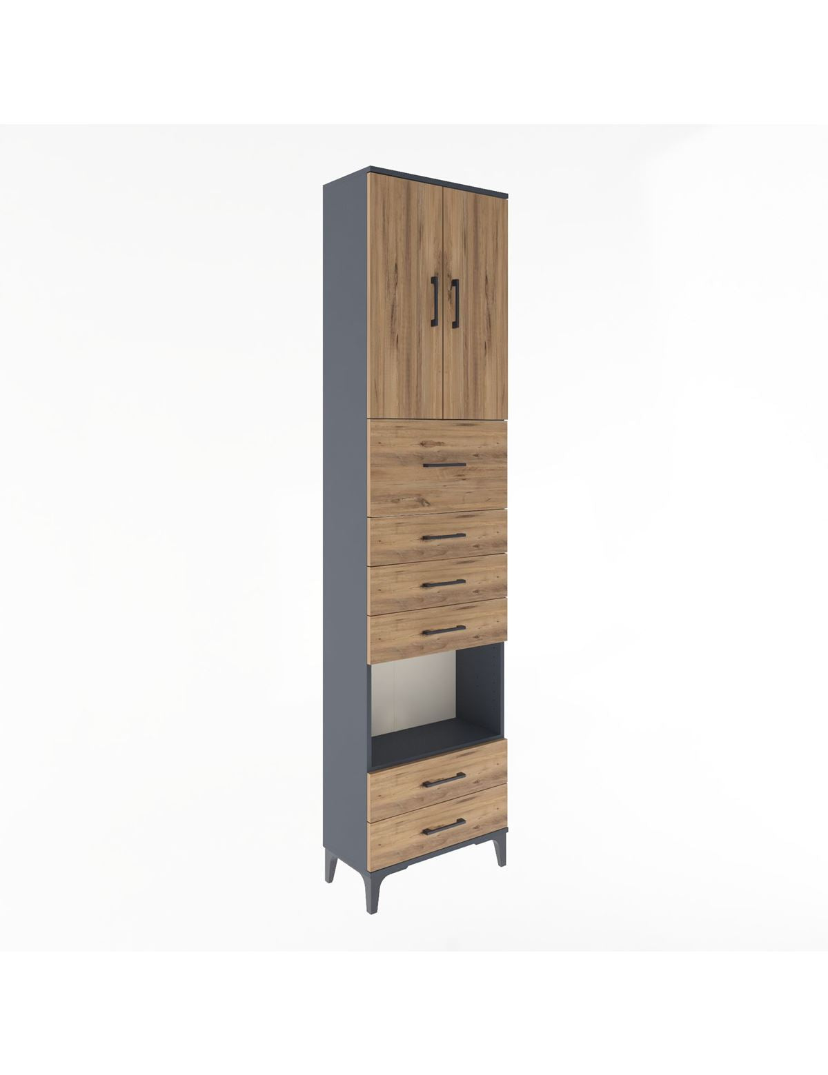 Arges Dolap 3 Raflı 6 Çekmeceli 2 Kapaklı 60x30x243 Antrasit-Çam