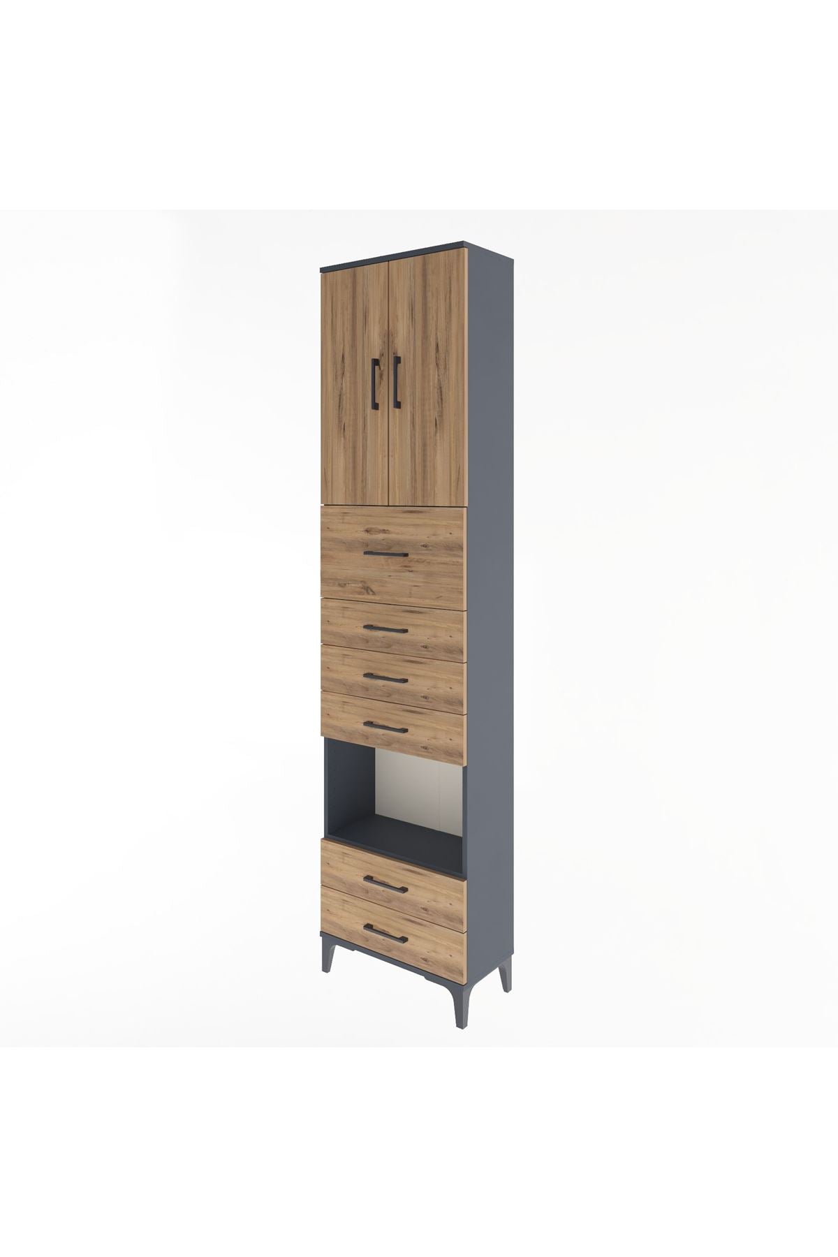 Arges Dolap 3 Raflı 6 Çekmeceli 2 Kapaklı 60x30x243 Antrasit-Çam