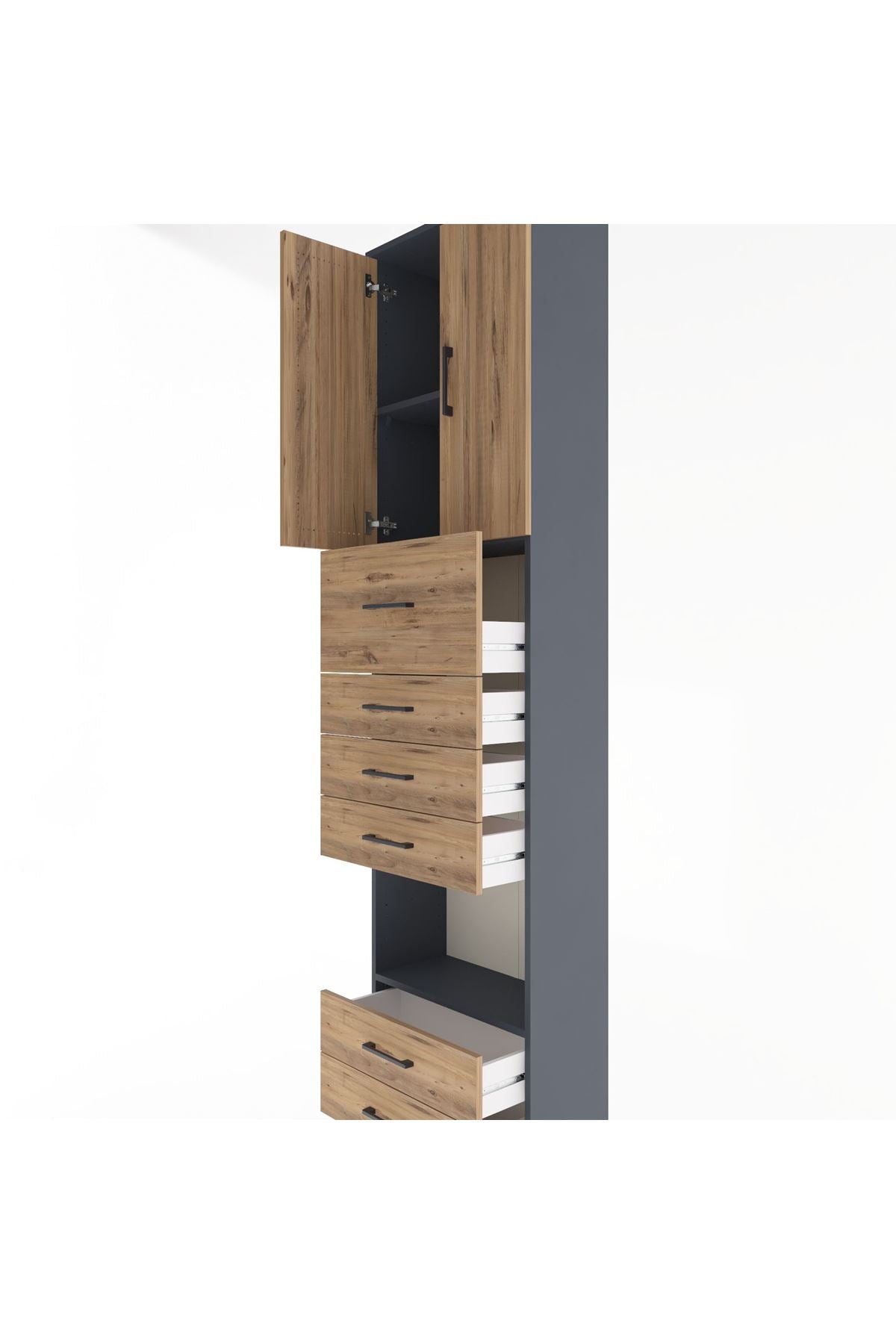 Arges Dolap 3 Raflı 6 Çekmeceli 2 Kapaklı 60x30x243 Antrasit-Çam