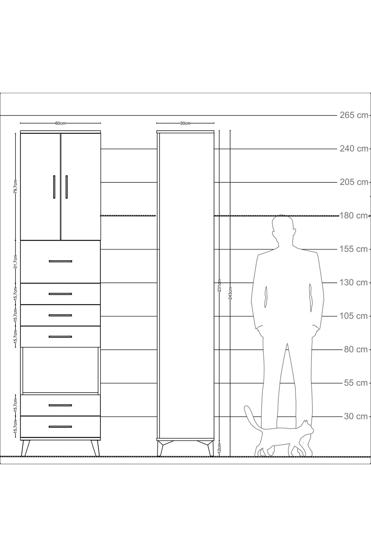Arges Dolap 3 Raflı 6 Çekmeceli 2 Kapaklı 60x30x243 Antrasit-Çam