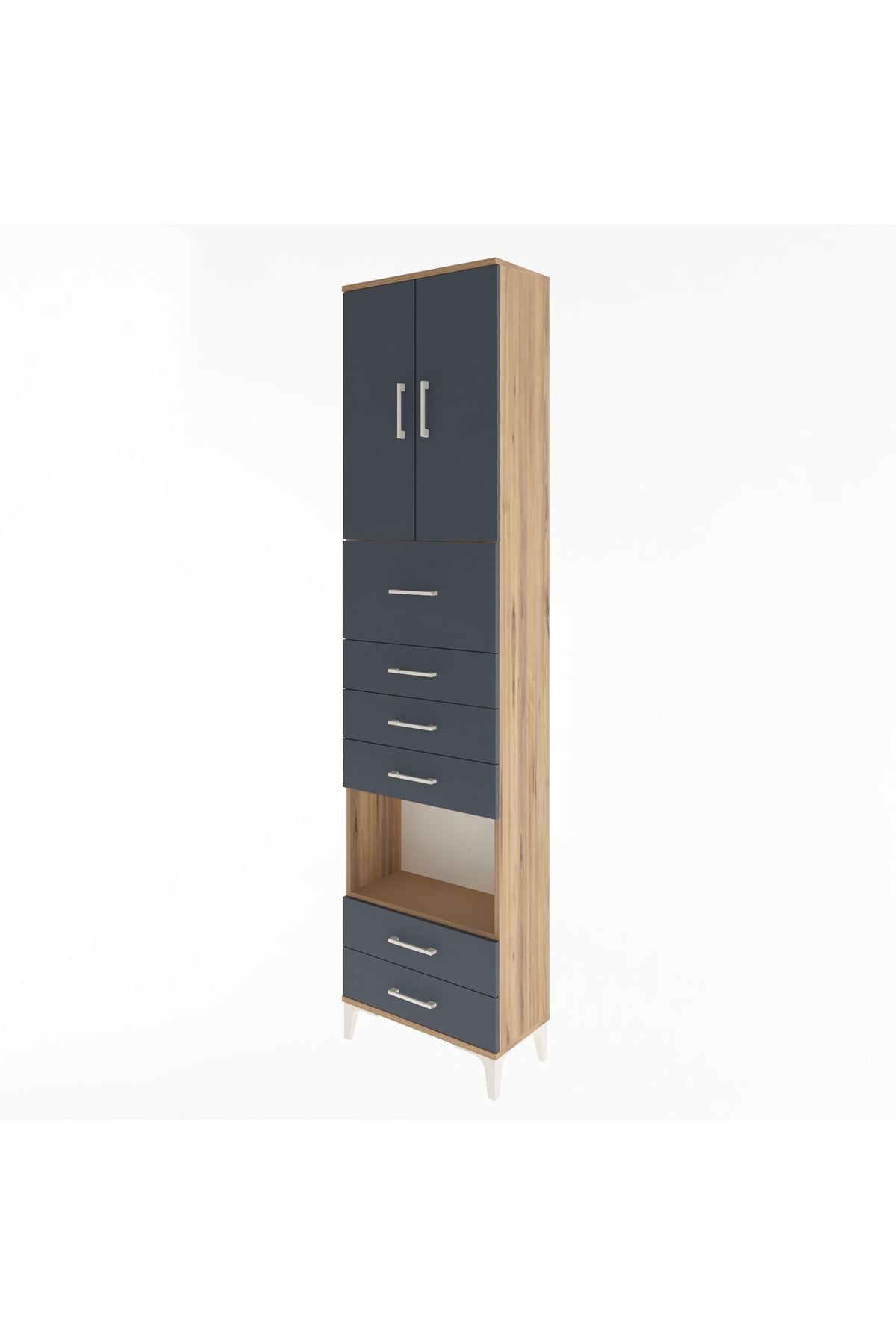 Arges Dolap 3 Raflı 6 Çekmeceli 2 Kapaklı 60x30x243 Çam-Antrasit