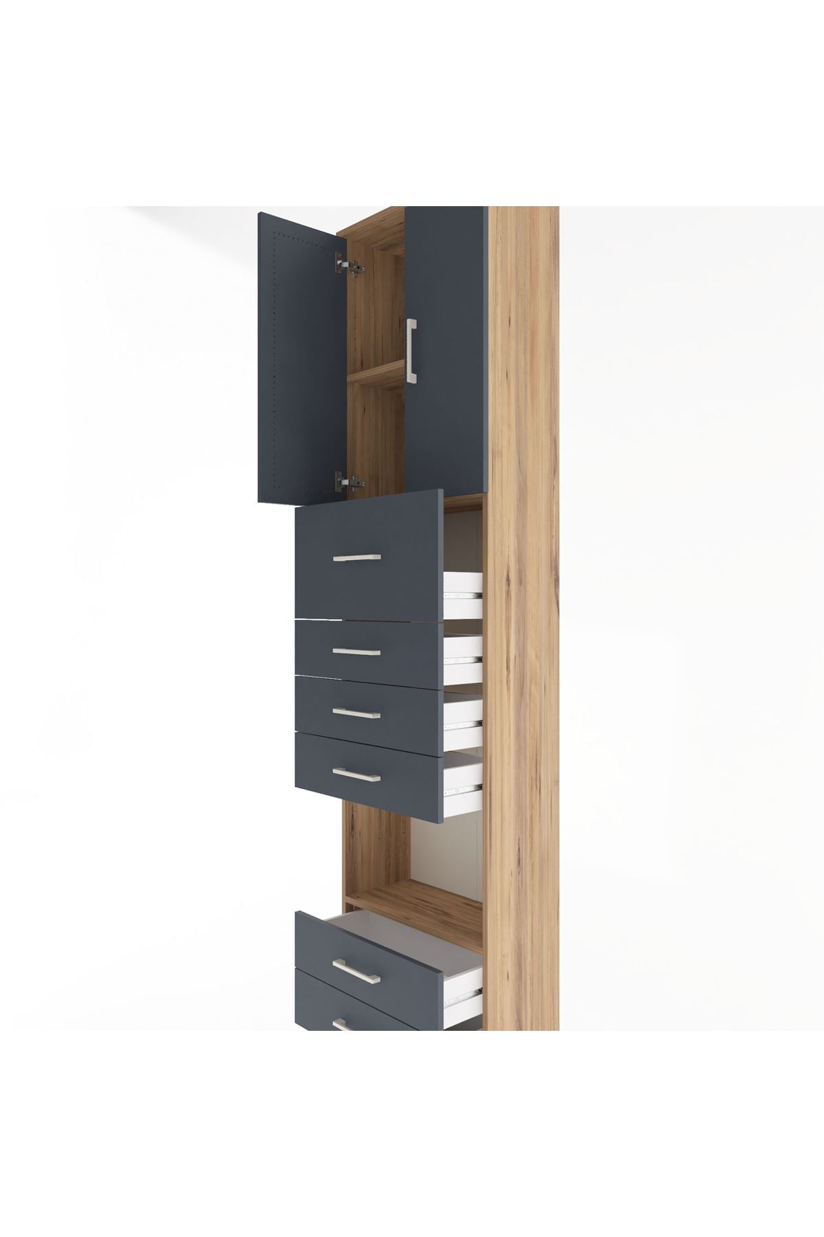 Arges Dolap 3 Raflı 6 Çekmeceli 2 Kapaklı 60x30x243 Çam-Antrasit