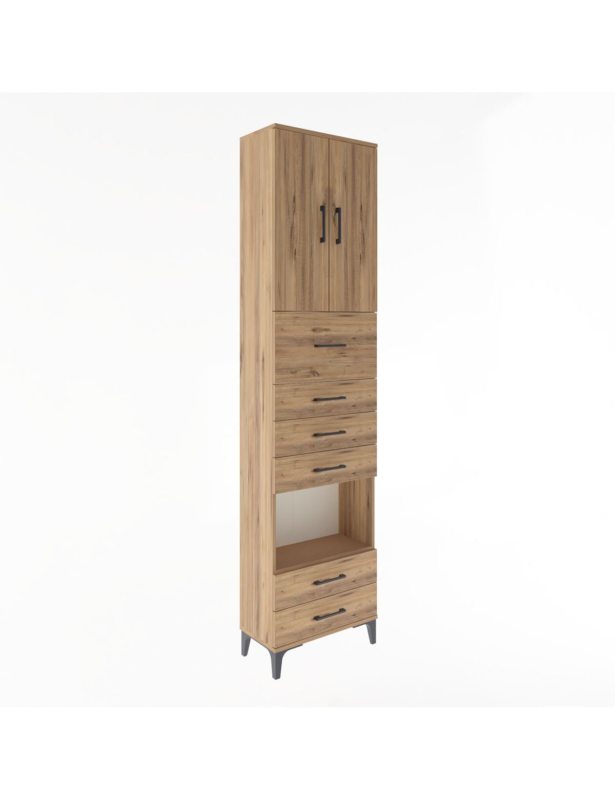 Arges Dolap 3 Raflı 6 Çekmeceli 2 Kapaklı 60x30x243 Çam-Çam