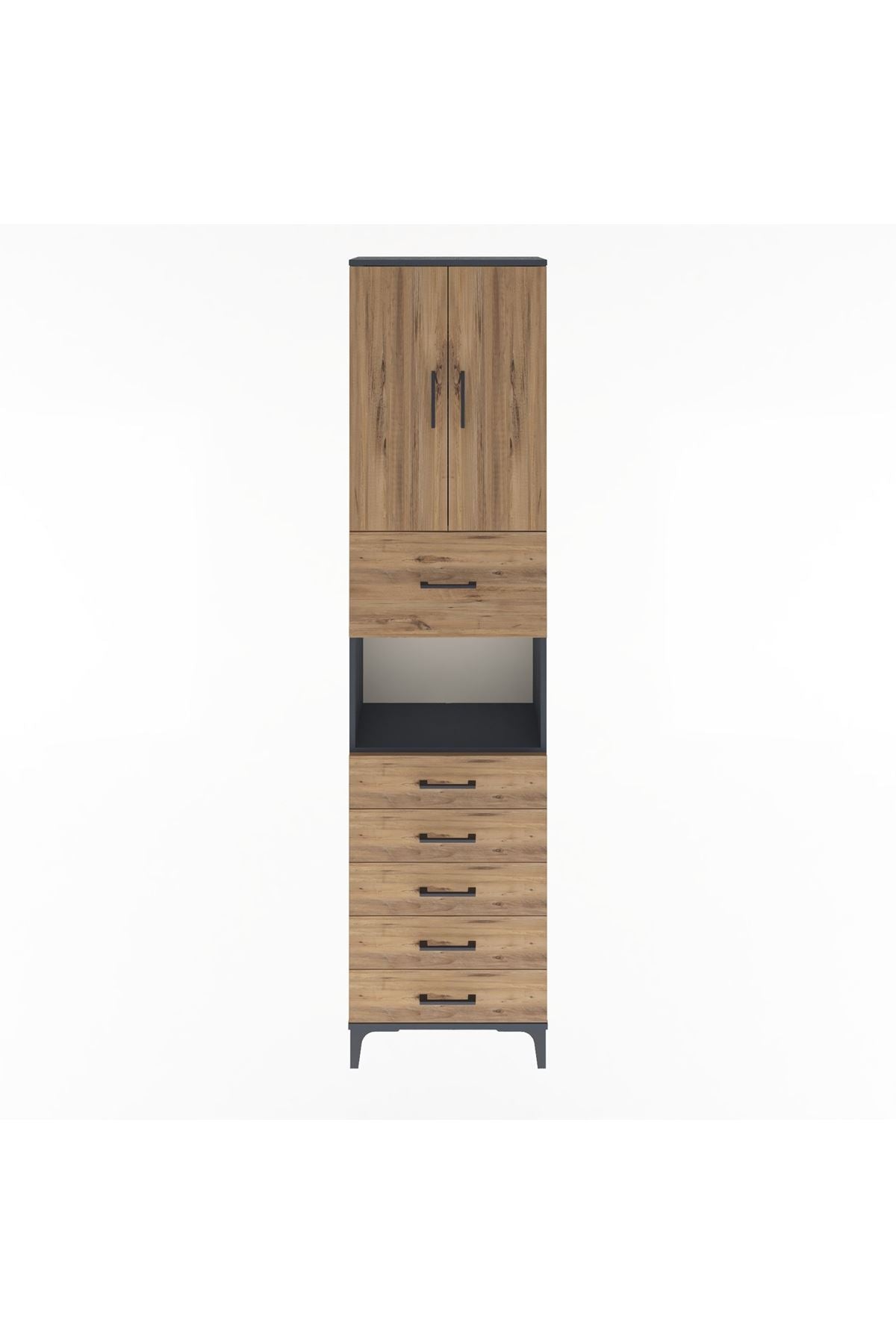 Arges Dolap 3 Raflı 6 Çekmeceli 2 Kapaklı 60x30x243 Antrasit-Çam