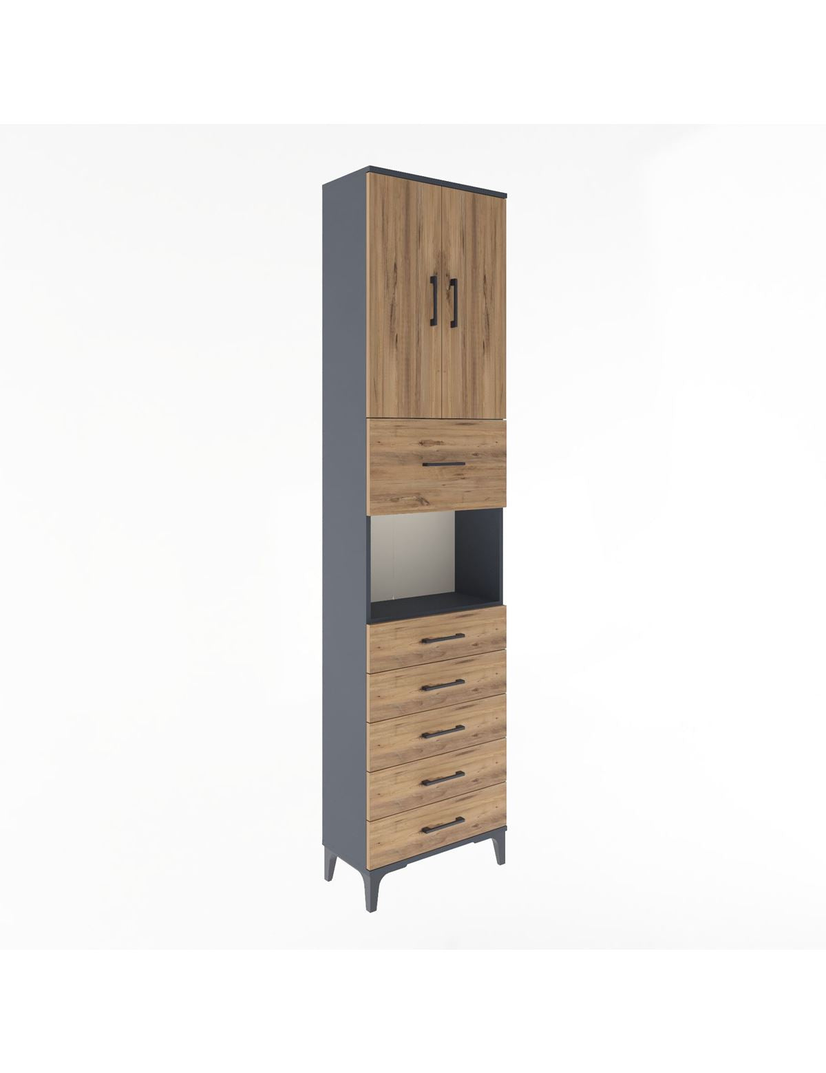 Arges Dolap 3 Raflı 6 Çekmeceli 2 Kapaklı 60x30x243 Antrasit-Çam