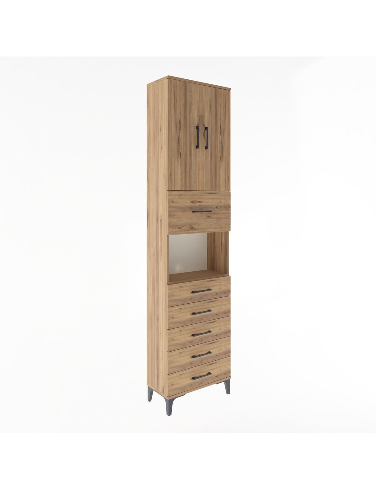 Arges Dolap 3 Raflı 6 Çekmeceli 2 Kapaklı 60x30x243 Çam-Çam