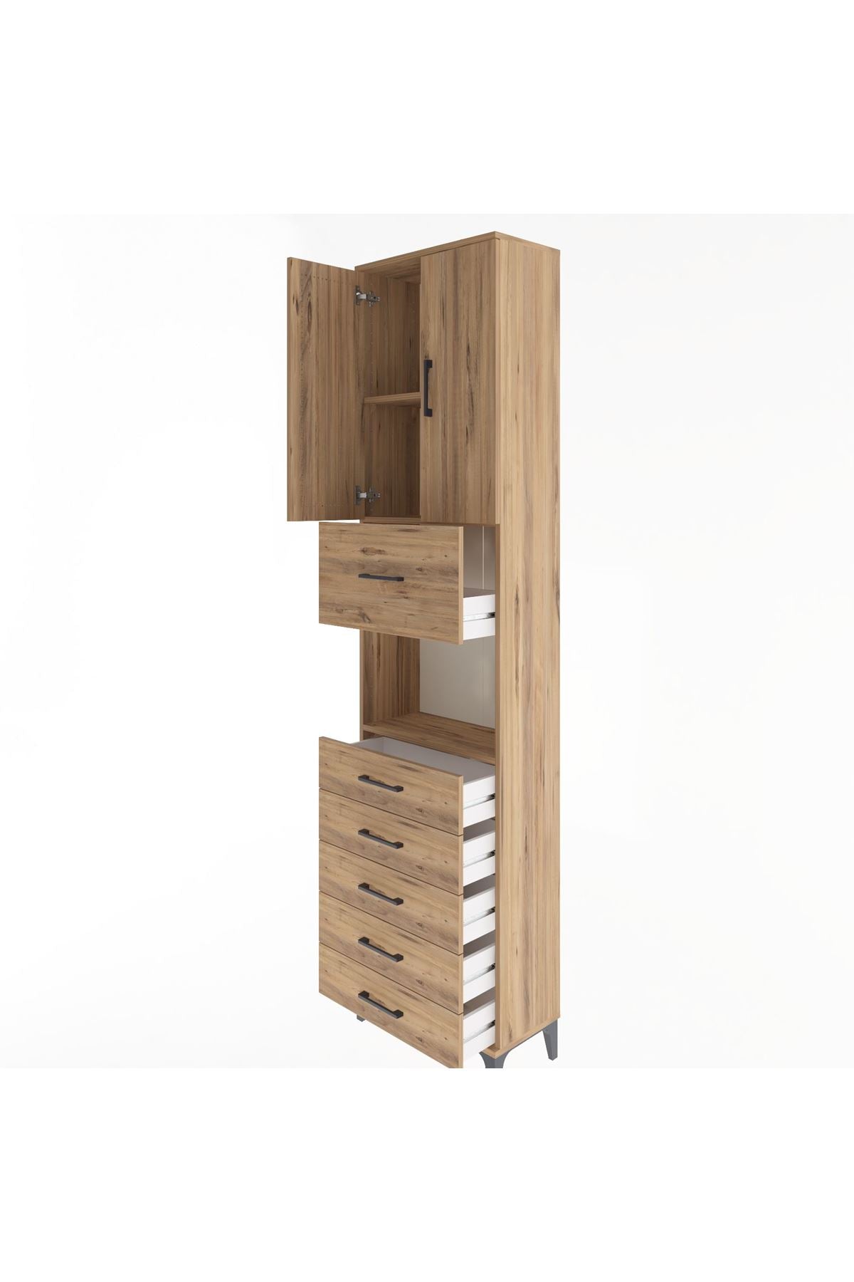 Arges Dolap 3 Raflı 6 Çekmeceli 2 Kapaklı 60x30x243 Çam-Çam