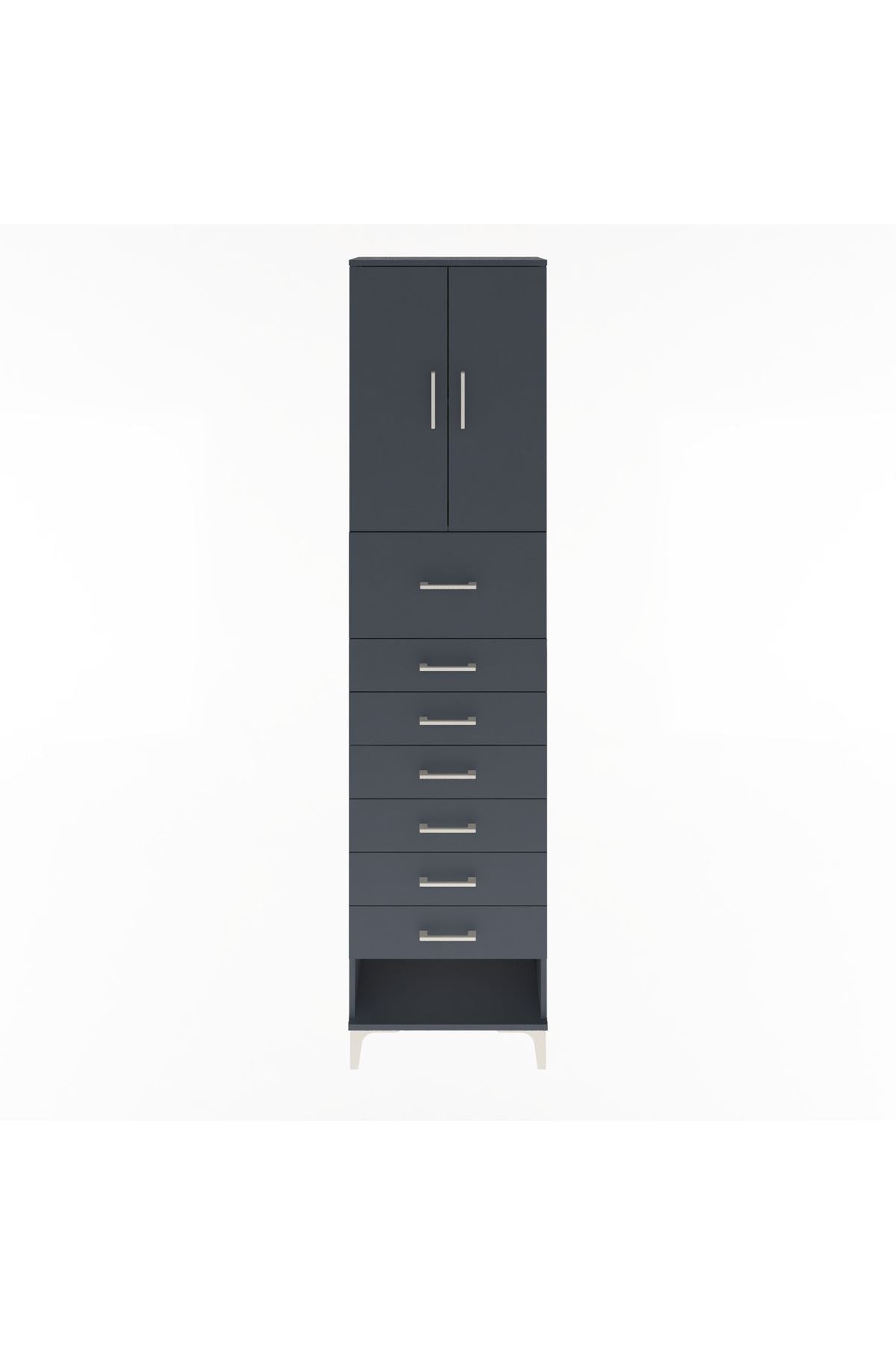 Arges Dolap 2 Raflı 7 Çekmeceli 2 Kapaklı 60x30x243 Antrasit-Antrasit