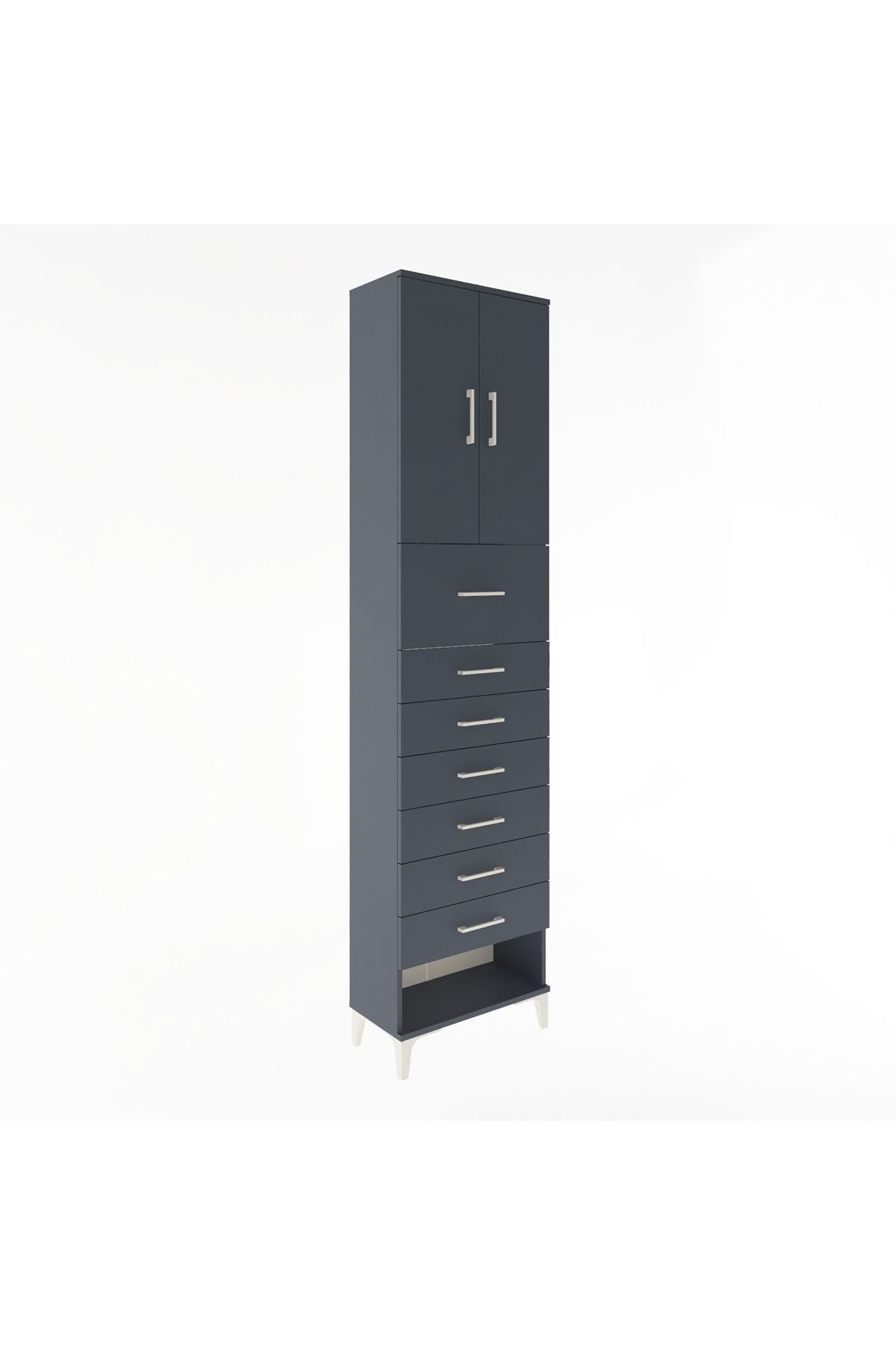 Arges Dolap 2 Raflı 7 Çekmeceli 2 Kapaklı 60x30x243 Antrasit-Antrasit