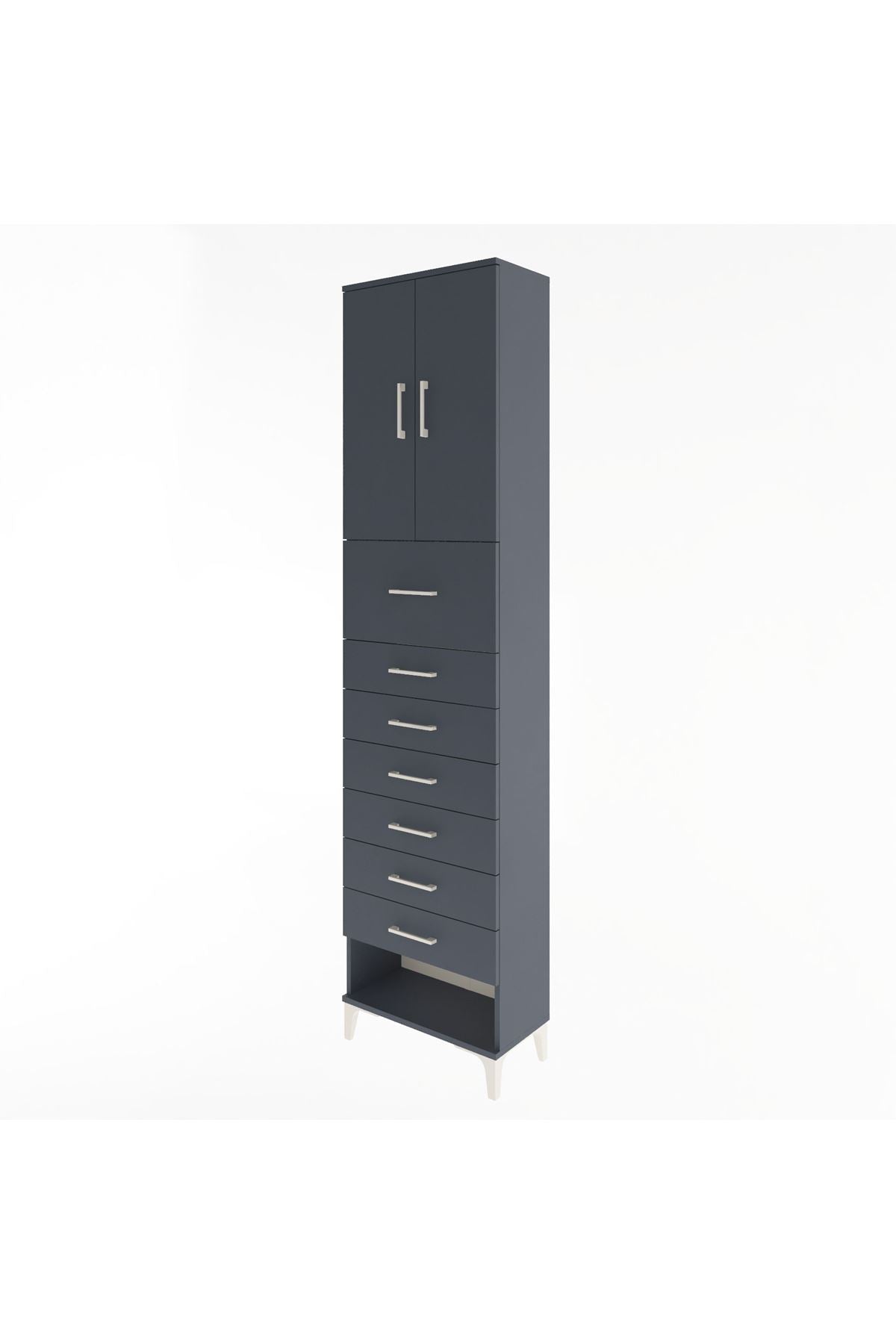 Arges Dolap 2 Raflı 7 Çekmeceli 2 Kapaklı 60x30x243 Antrasit-Antrasit