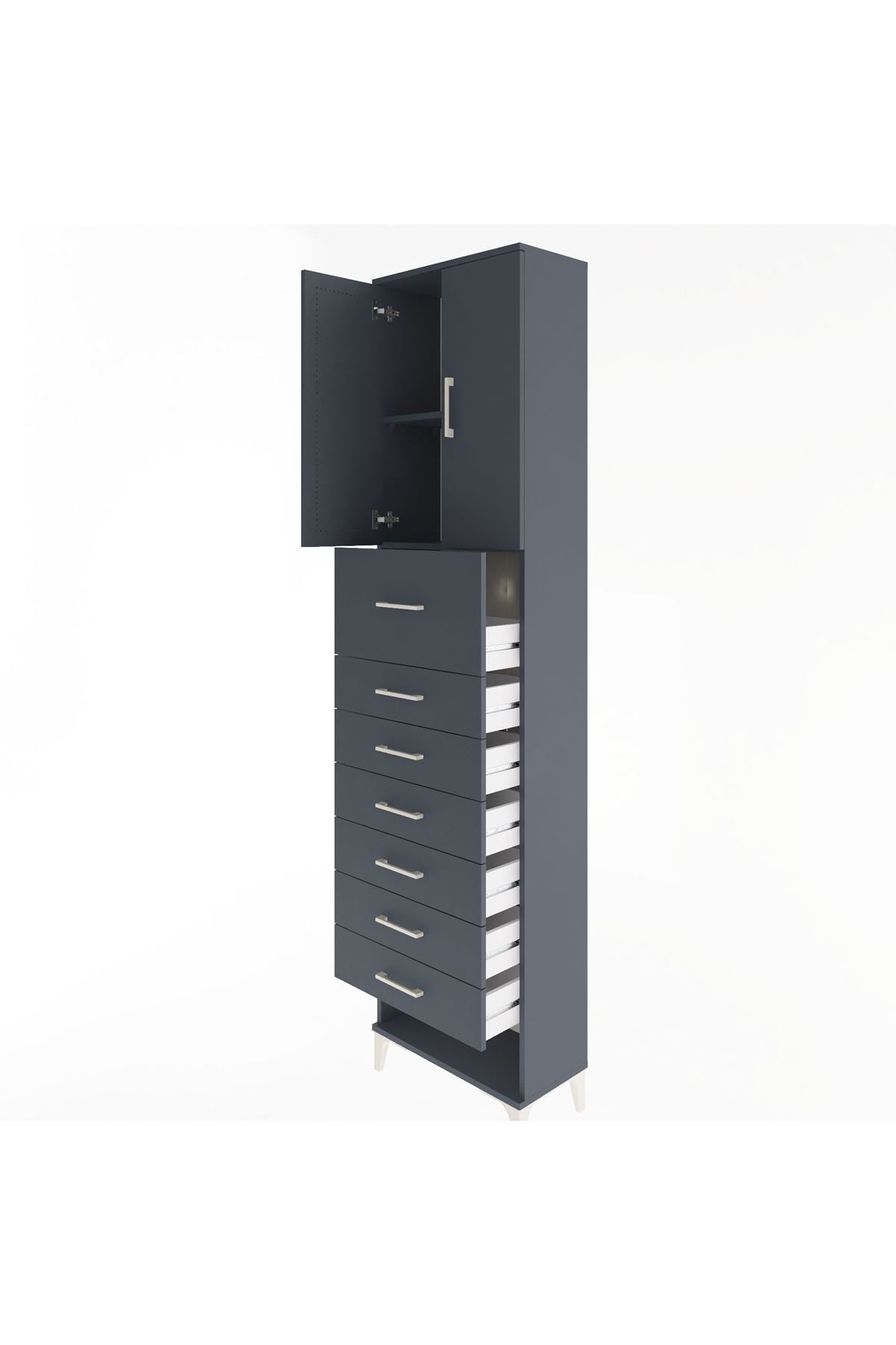 Arges Dolap 2 Raflı 7 Çekmeceli 2 Kapaklı 60x30x243 Antrasit-Antrasit