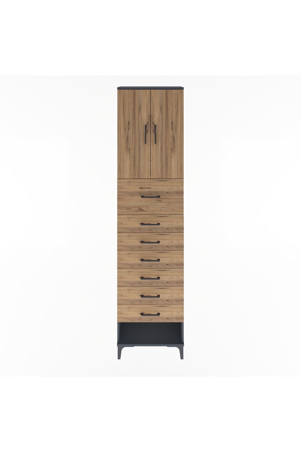 Arges Dolap 2 Raflı 7 Çekmeceli 2 Kapaklı 60x30x243 Antrasit-Çam