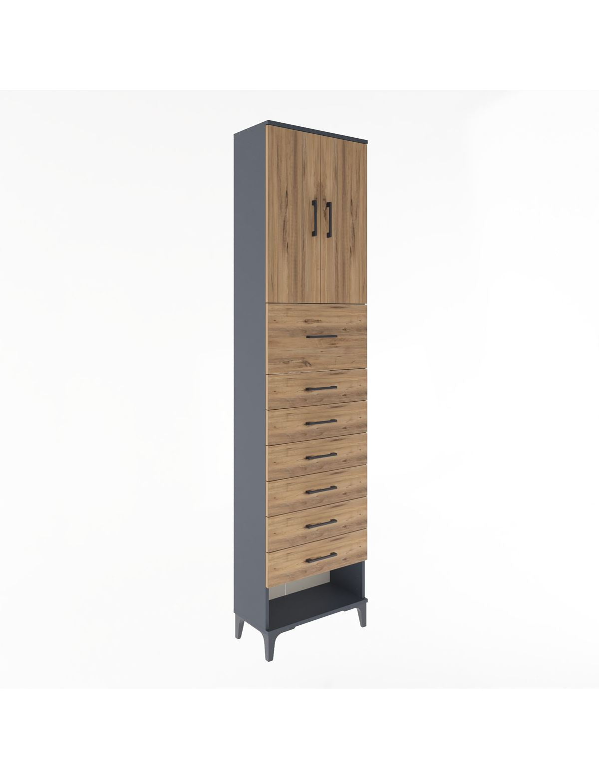 Arges Dolap 2 Raflı 7 Çekmeceli 2 Kapaklı 60x30x243 Antrasit-Çam