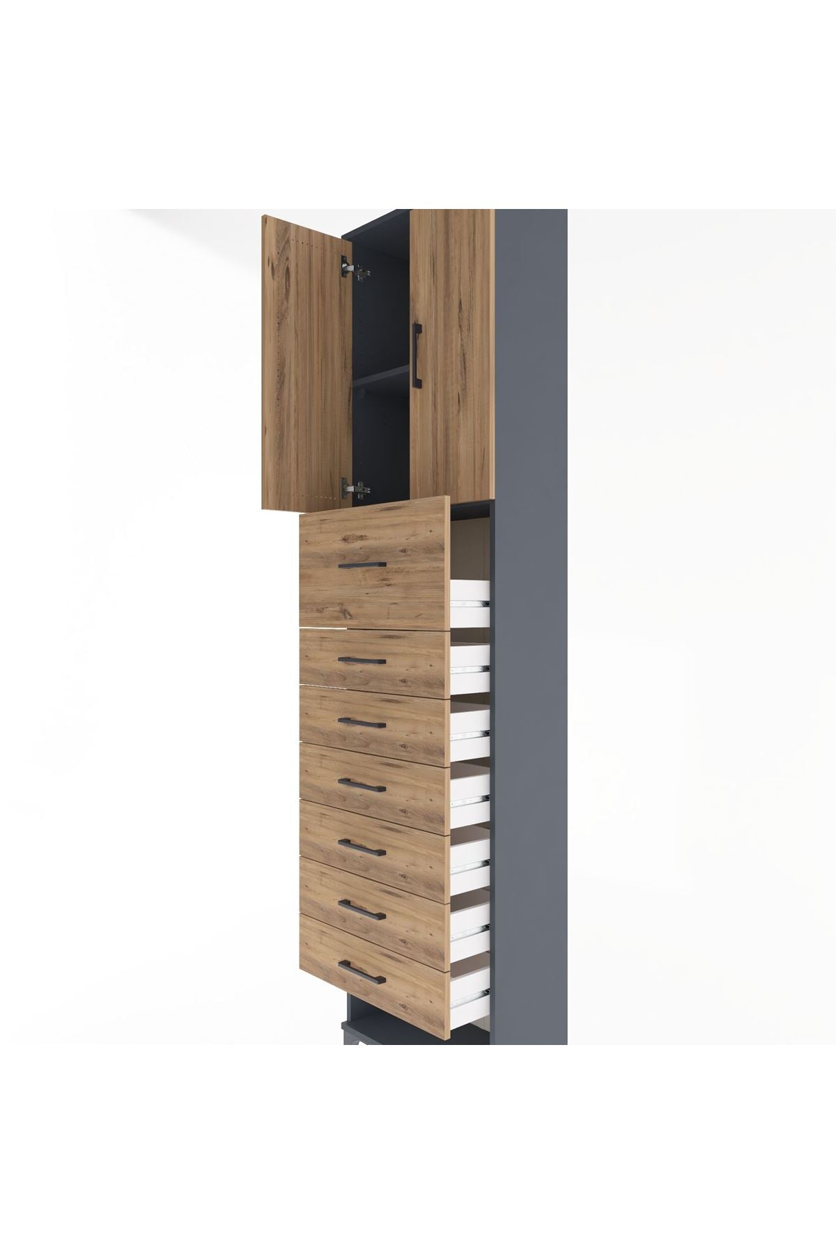 Arges Dolap 2 Raflı 7 Çekmeceli 2 Kapaklı 60x30x243 Antrasit-Çam