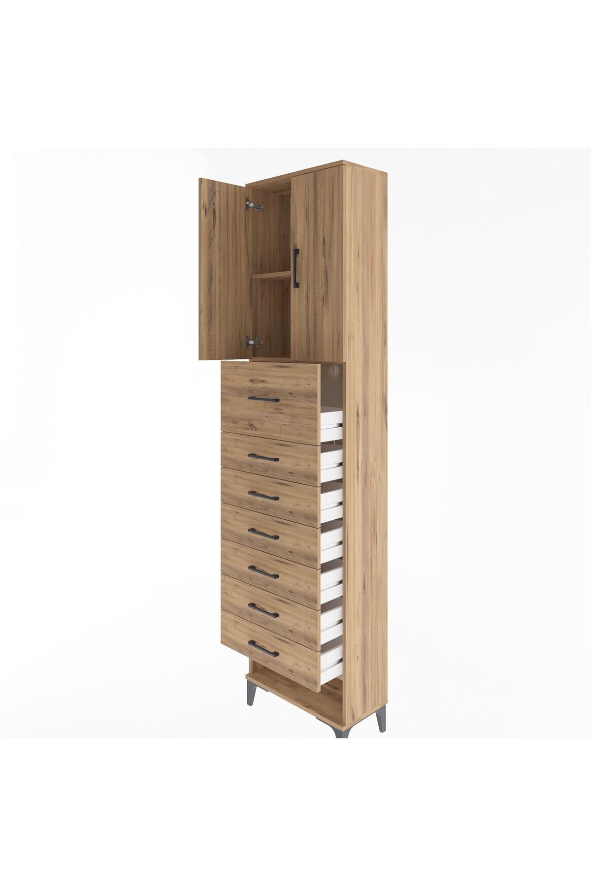 Arges Dolap 2 Raflı 7 Çekmeceli 2 Kapaklı 60x30x243 Çam-Çam