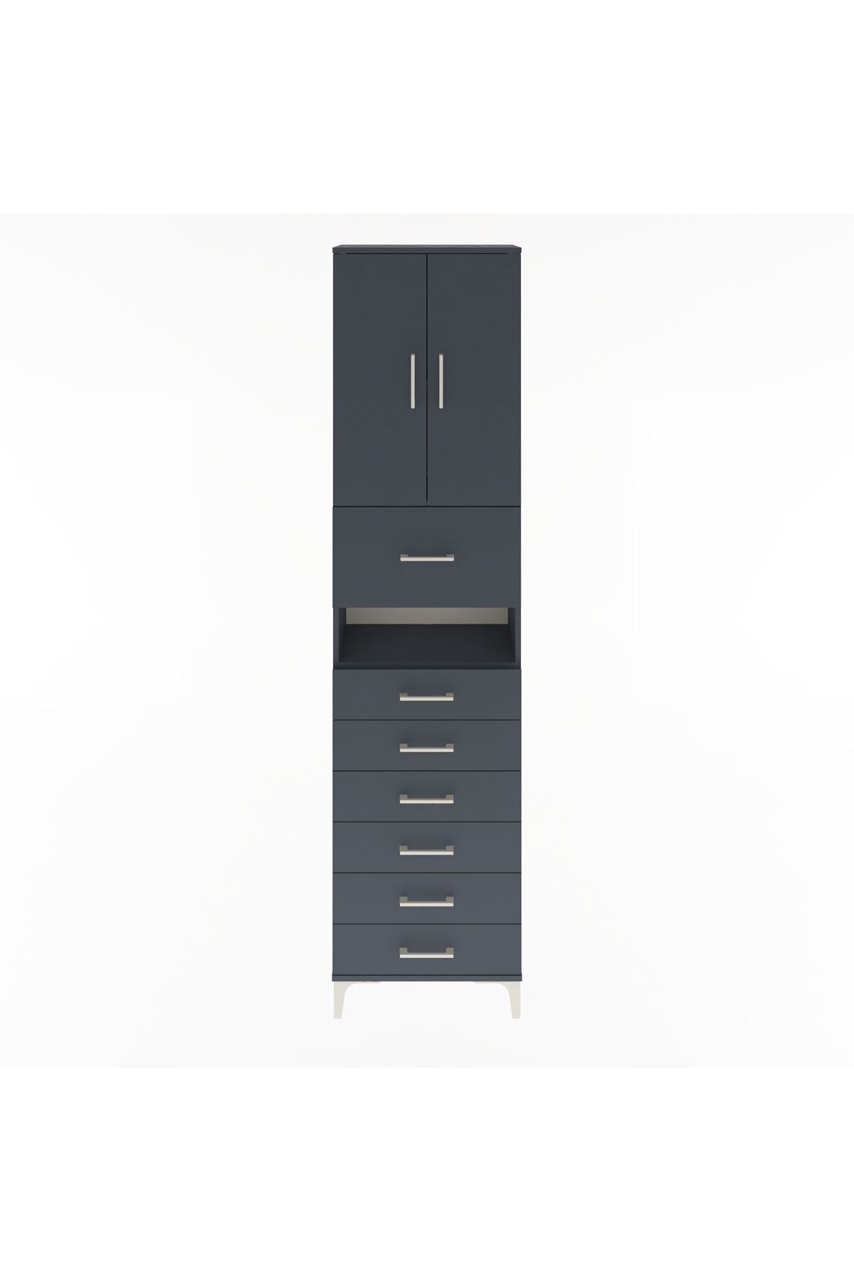 Arges Dolap 3 Raflı 6 Çekmeceli 2 Kapaklı 60x30x243 Antrasit-Antrasit