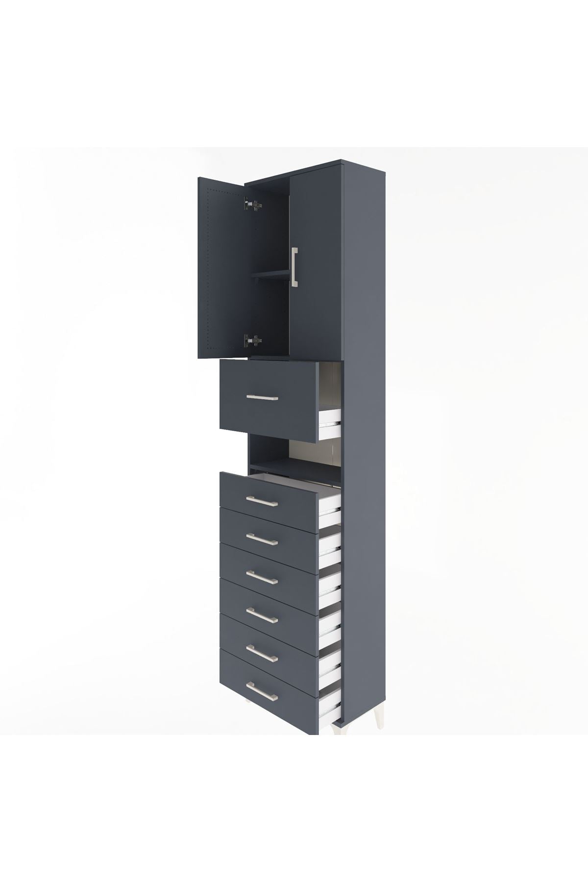 Arges Dolap 3 Raflı 6 Çekmeceli 2 Kapaklı 60x30x243 Antrasit-Antrasit