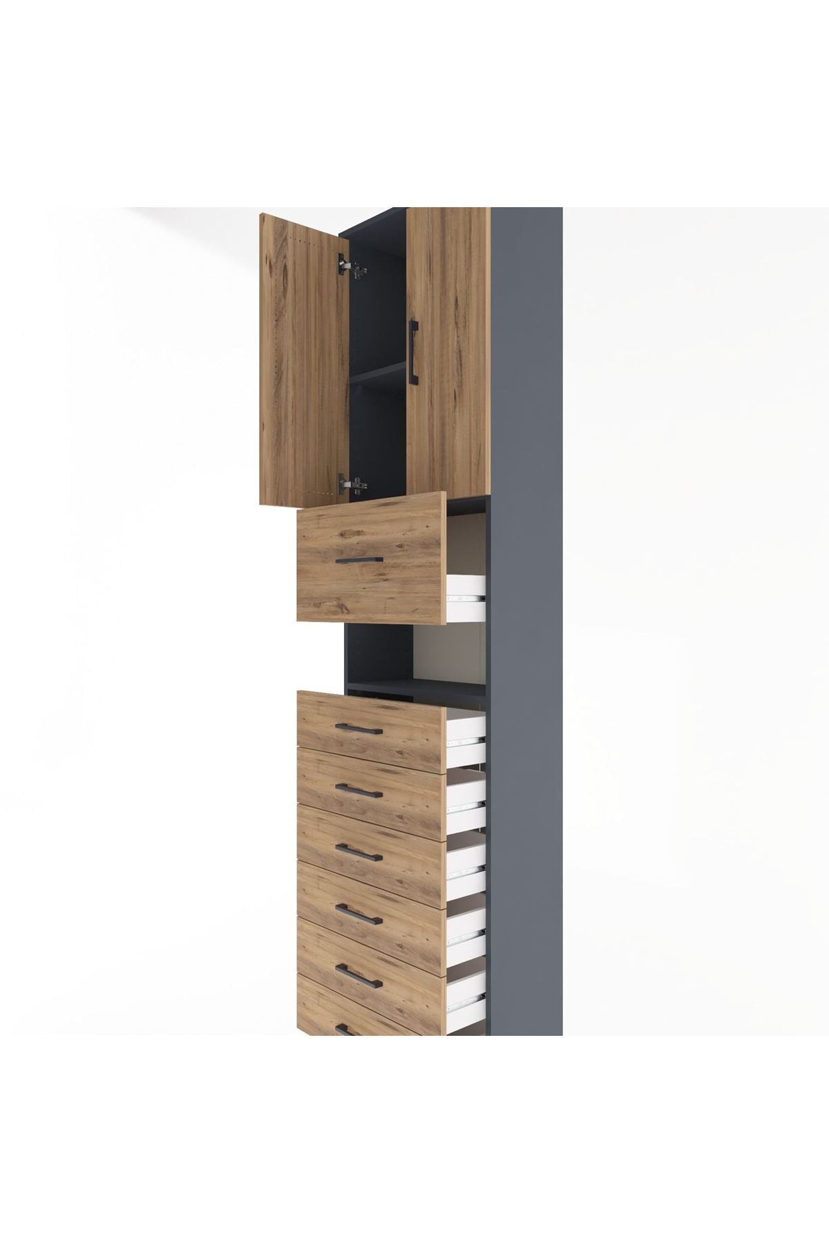 Arges Dolap 3 Raflı 6 Çekmeceli 2 Kapaklı 60x30x243 Antrasit-Çam