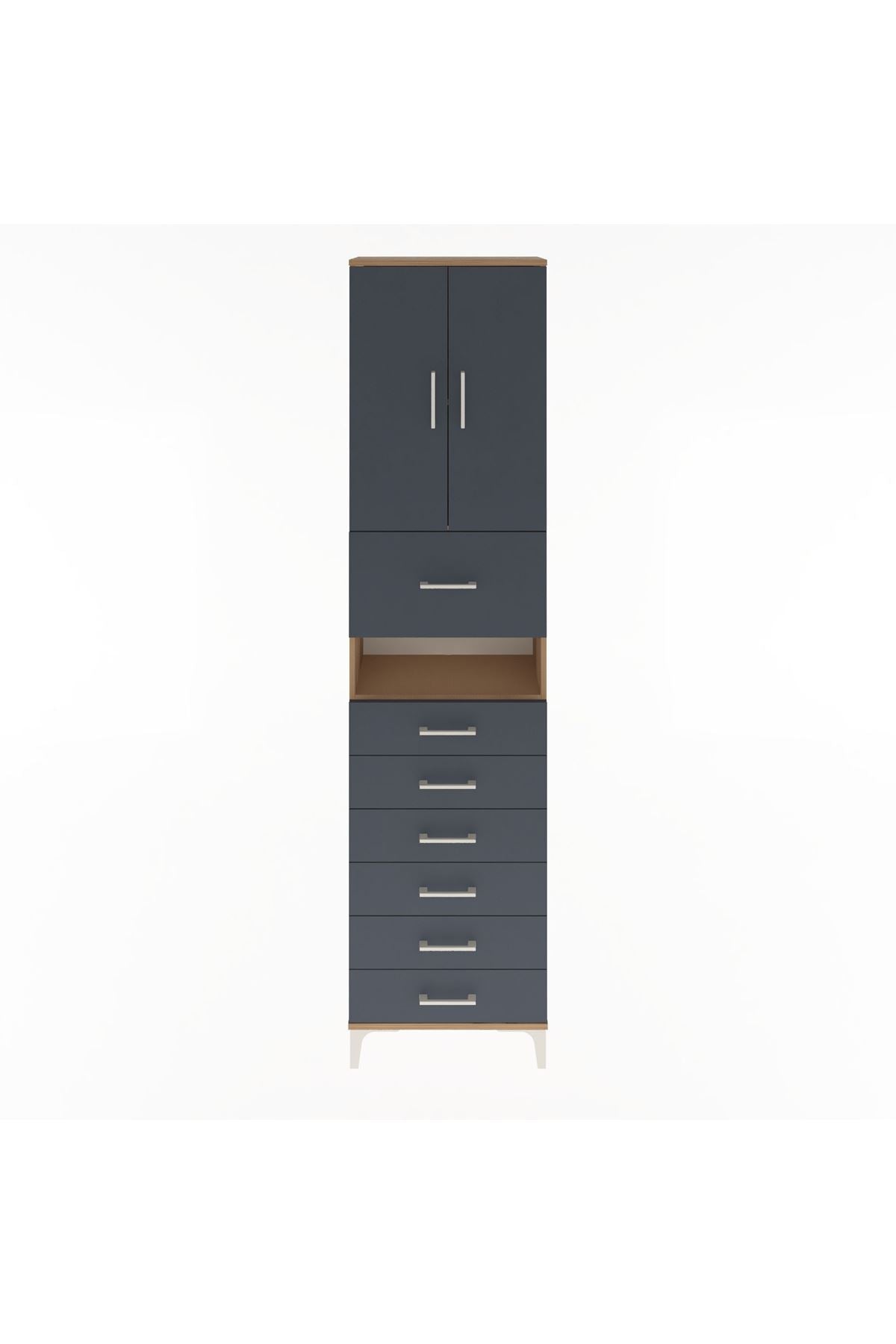 Arges Dolap 3 Raflı 6 Çekmeceli 2 Kapaklı 60x30x243 Çam-Antrasit