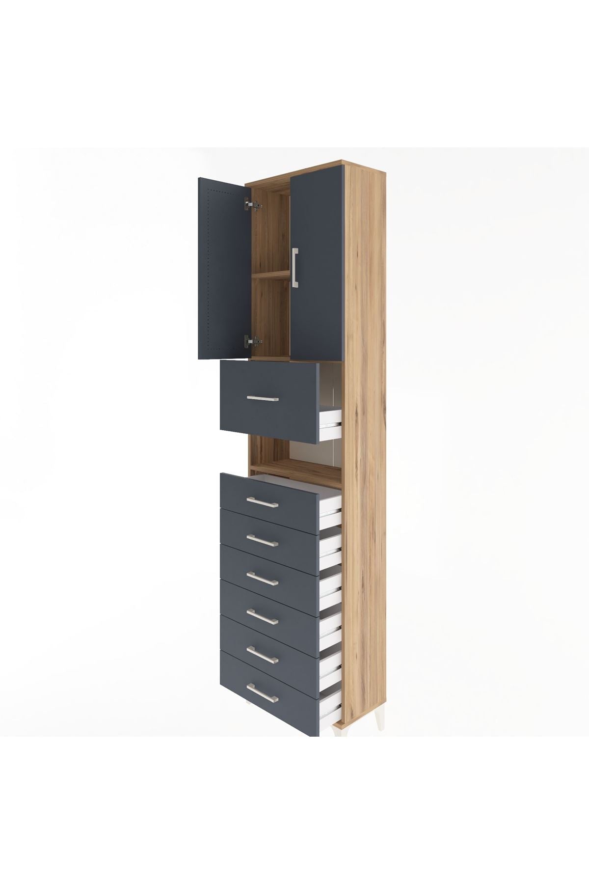 Arges Dolap 3 Raflı 6 Çekmeceli 2 Kapaklı 60x30x243 Çam-Antrasit