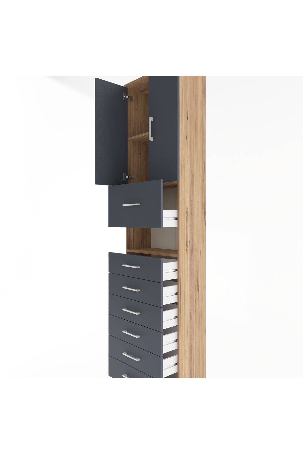 Arges Dolap 3 Raflı 6 Çekmeceli 2 Kapaklı 60x30x243 Çam-Antrasit