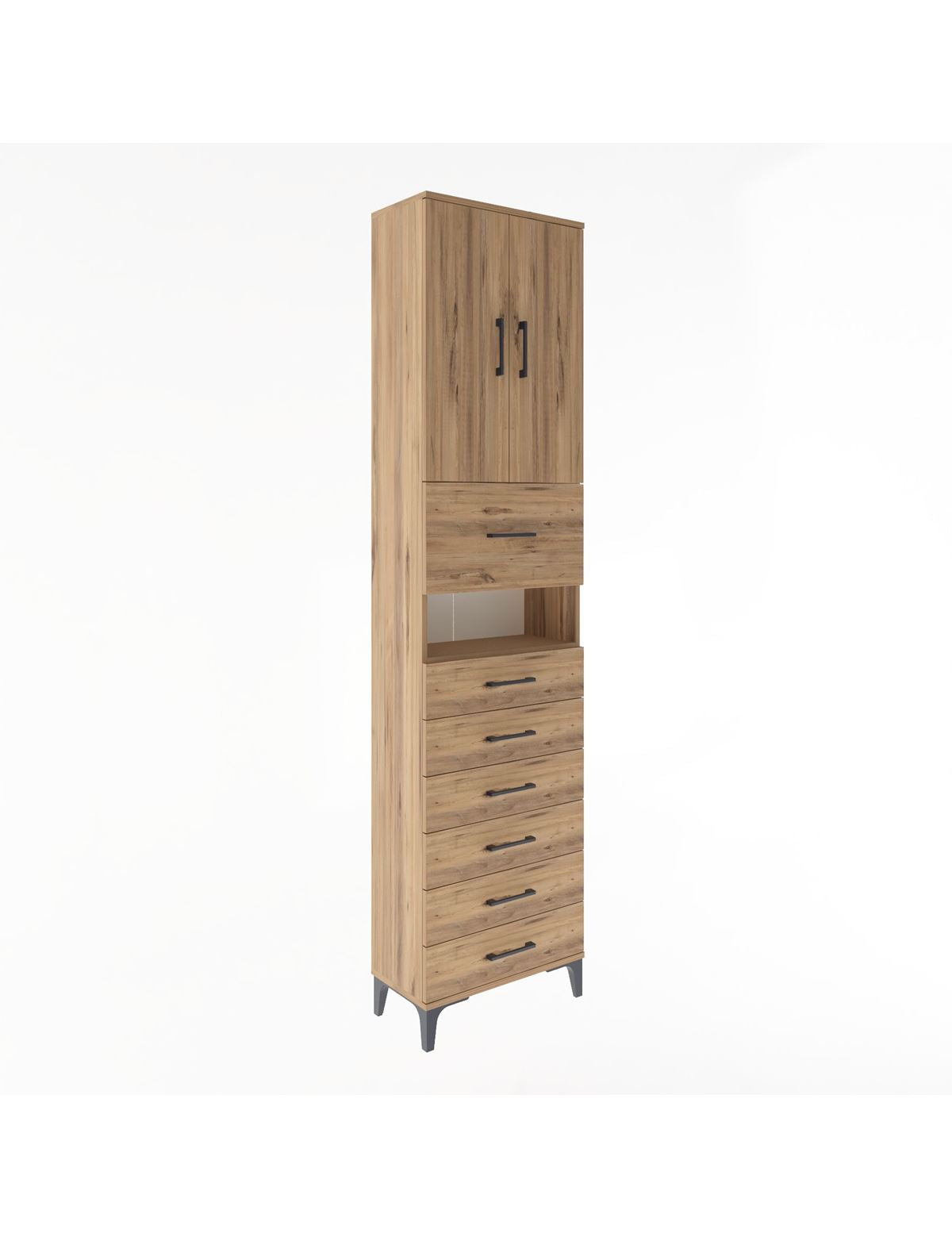 Arges Dolap 3 Raflı 6 Çekmeceli 2 Kapaklı 60x30x243 Çam-Çam