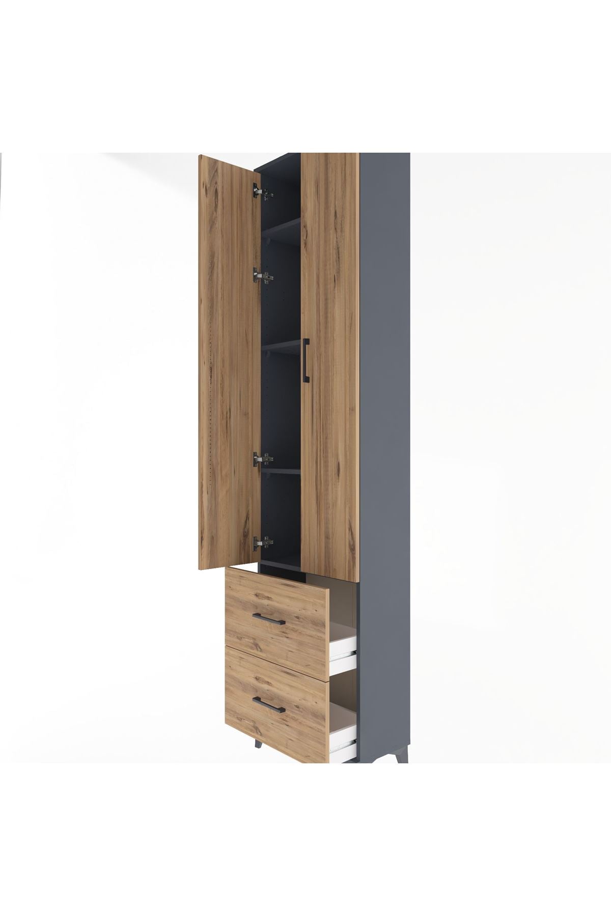 Arges Dolap 4 Raflı 2 Çekmeceli 2 Kapaklı 60x30x243 Antrasit-Çam