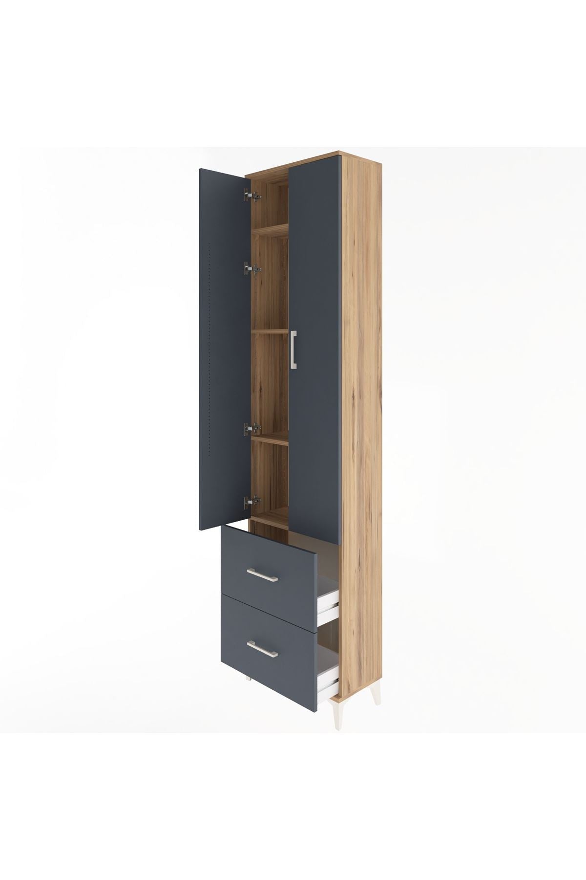 Arges Dolap 4 Raflı 2 Çekmeceli 2 Kapaklı 60x30x243 Çam-Antrasit