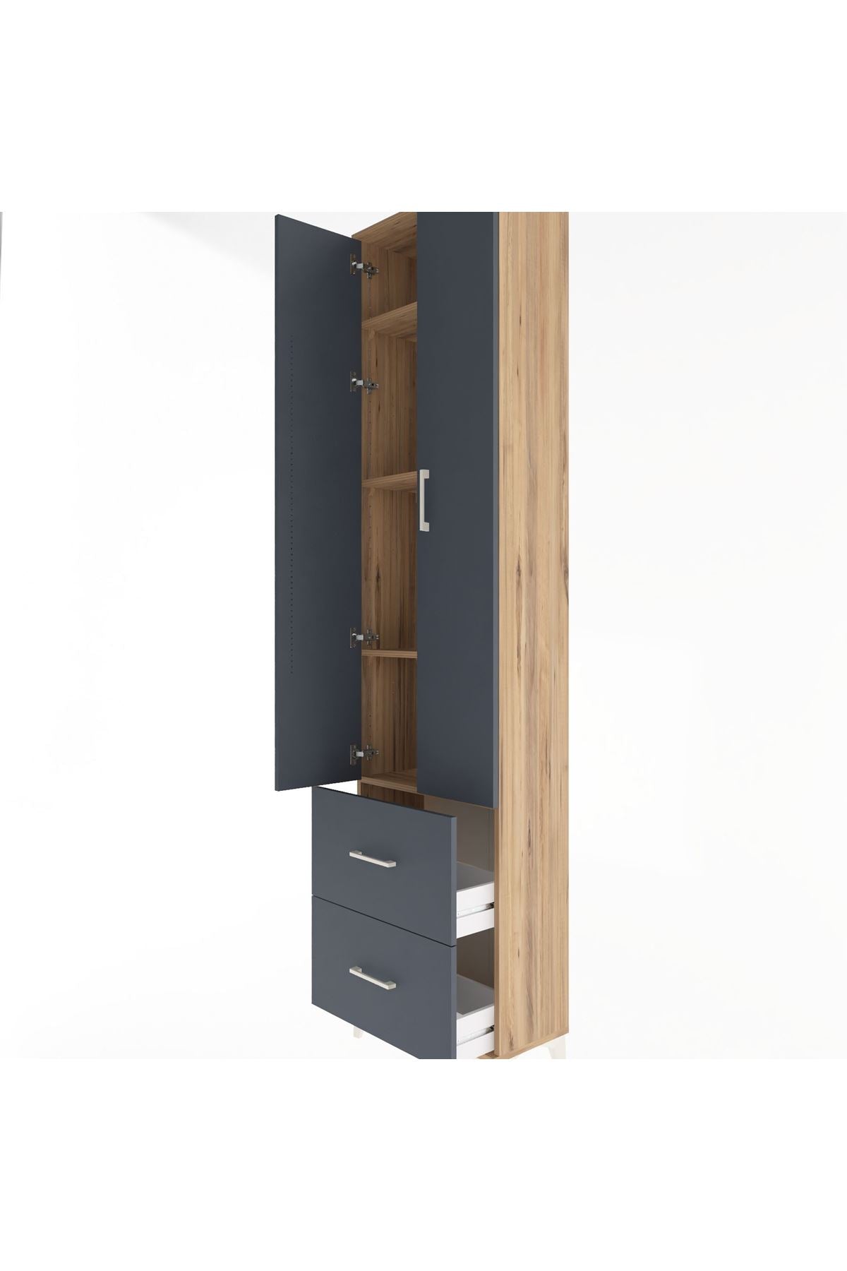 Arges Dolap 4 Raflı 2 Çekmeceli 2 Kapaklı 60x30x243 Çam-Antrasit