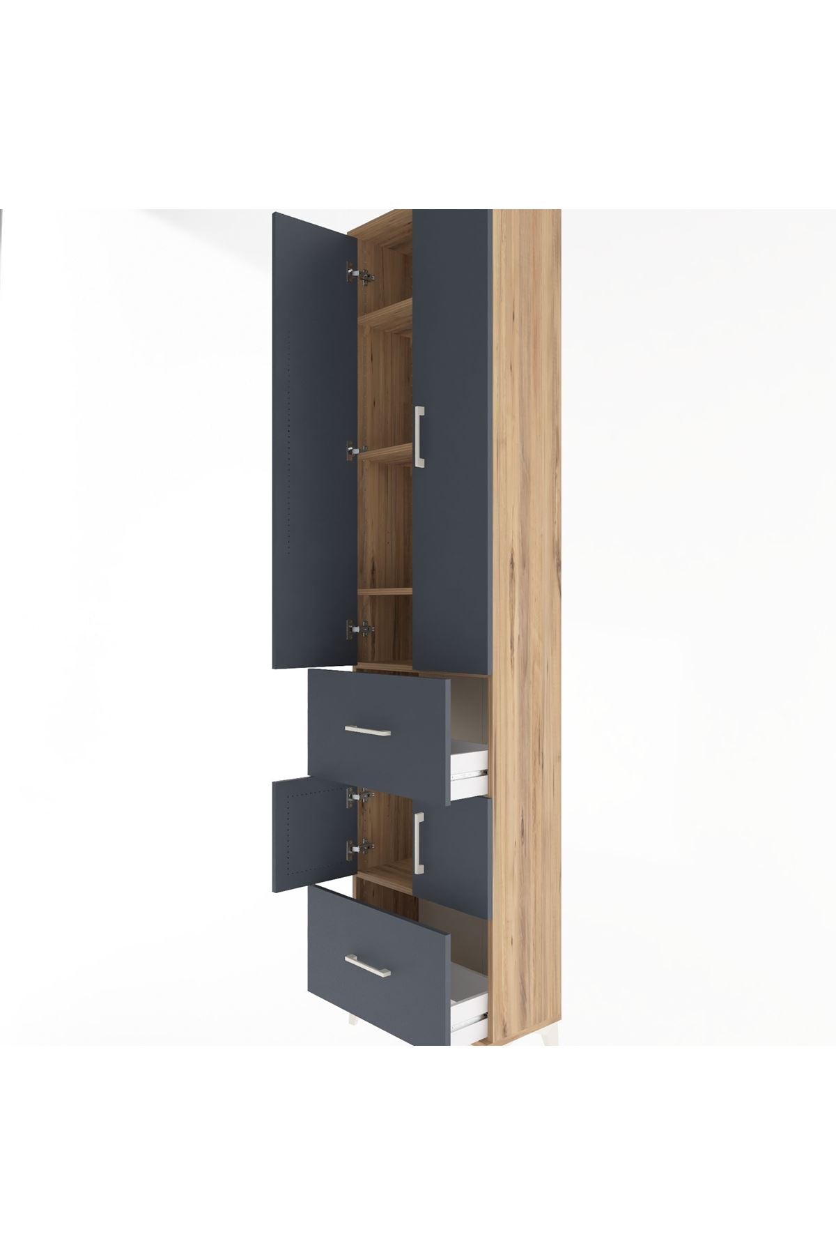 Arges Dolap 5 Raflı 2 Çekmeceli 4 Kapaklı 60x30x243 Çam-Antrasit