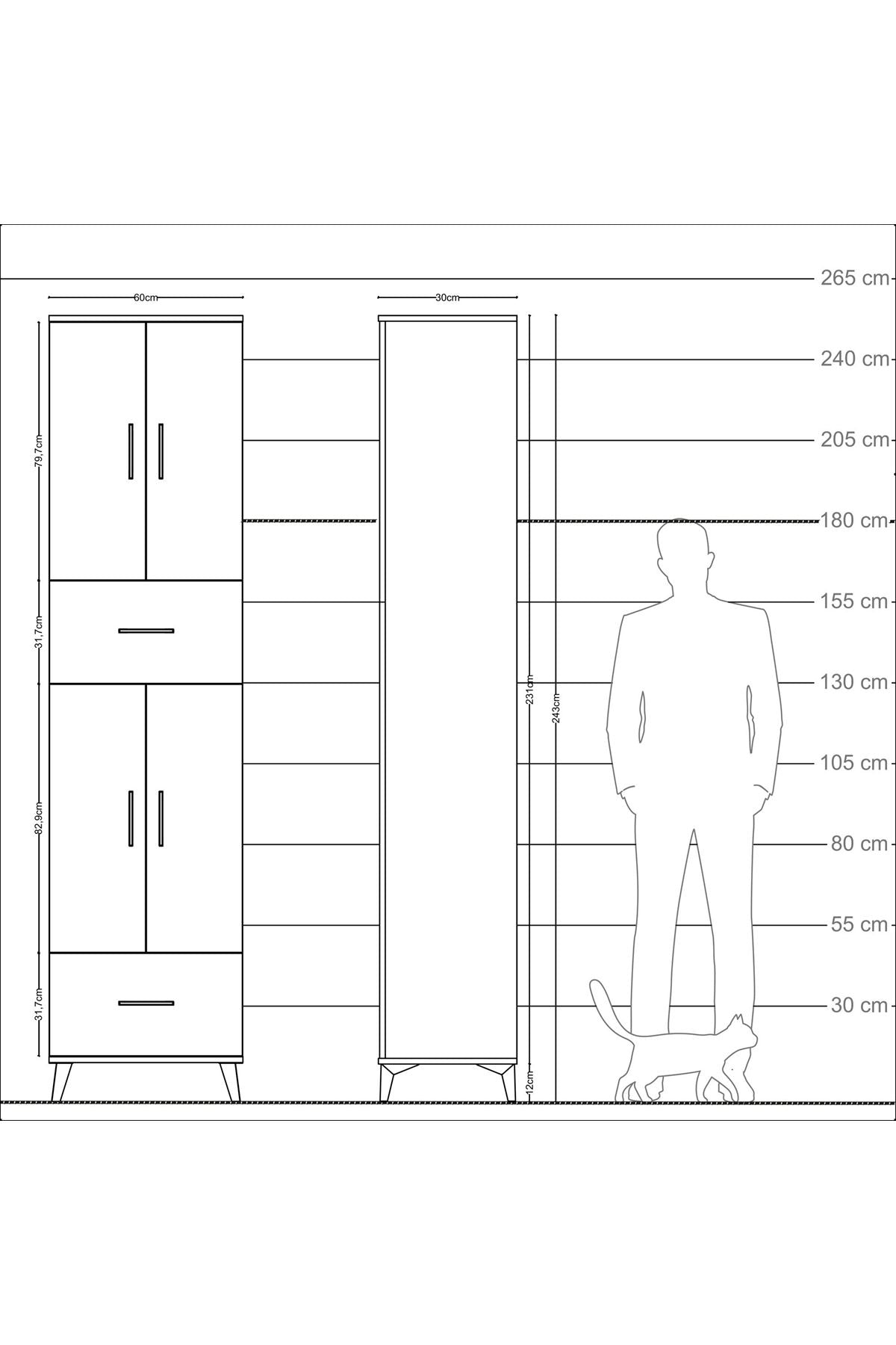 Arges Dolap 6 Raflı 2 Çekmeceli 4 Kapaklı 60x30x243 Antrasit-Çam