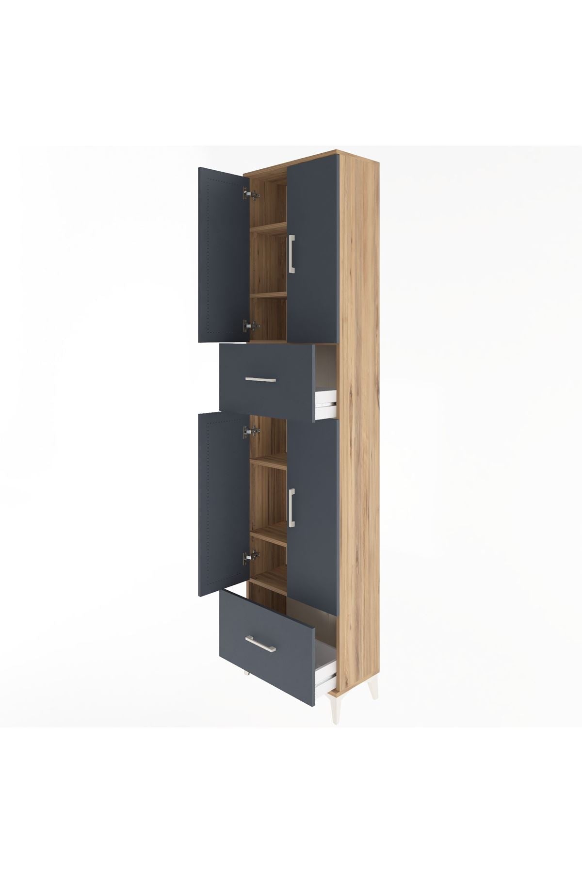 Arges Dolap 6 Raflı 2 Çekmeceli 4 Kapaklı 60x30x243 Çam-Antrasit