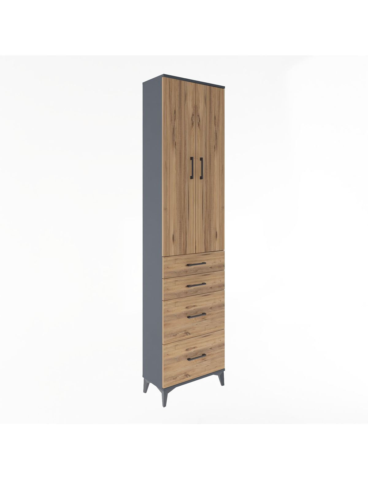 Arges Dolap 4 Raflı 4 Çekmeceli 2 Kapaklı 60x30x243 Antrasit-Çam
