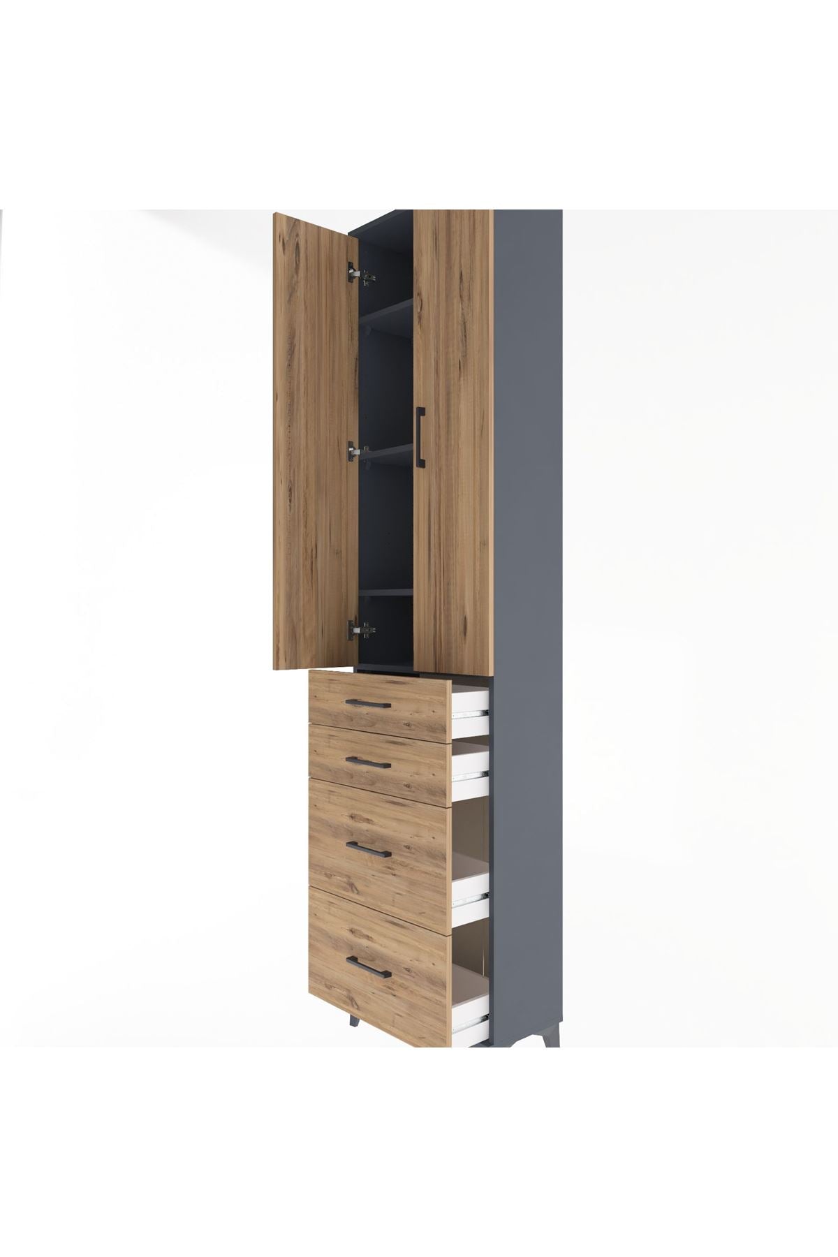 Arges Dolap 4 Raflı 4 Çekmeceli 2 Kapaklı 60x30x243 Antrasit-Çam