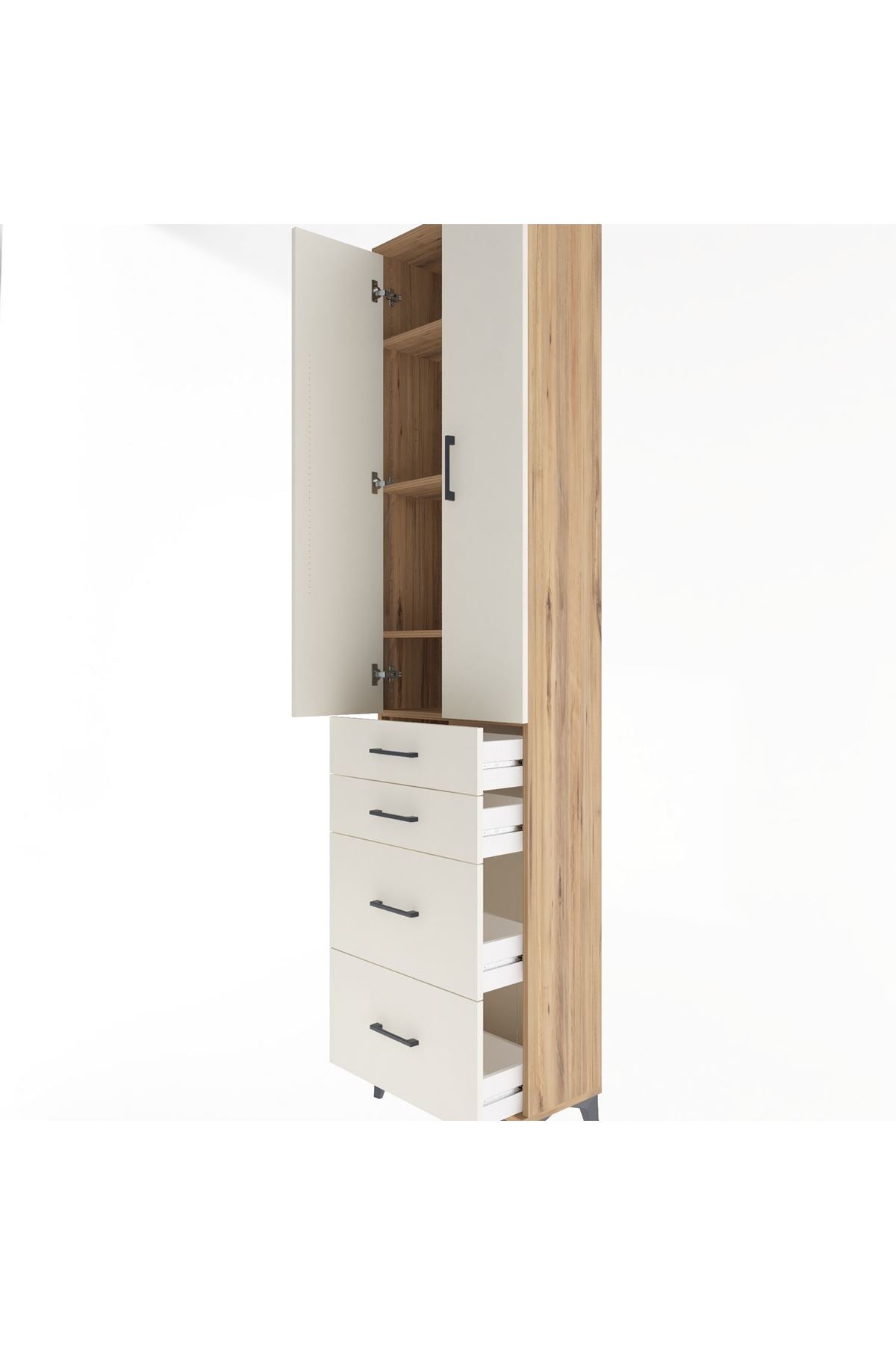 Arges Dolap 4 Raflı 4 Çekmeceli 2 Kapaklı 60x30x243 Çam-Aytaşı