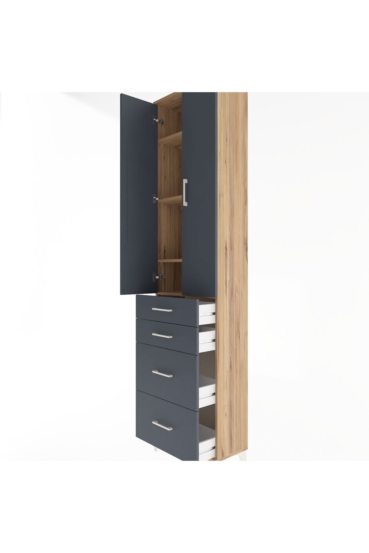 Arges Dolap 4 Raflı 4 Çekmeceli 2 Kapaklı 60x30x243 Çam-Antrasit